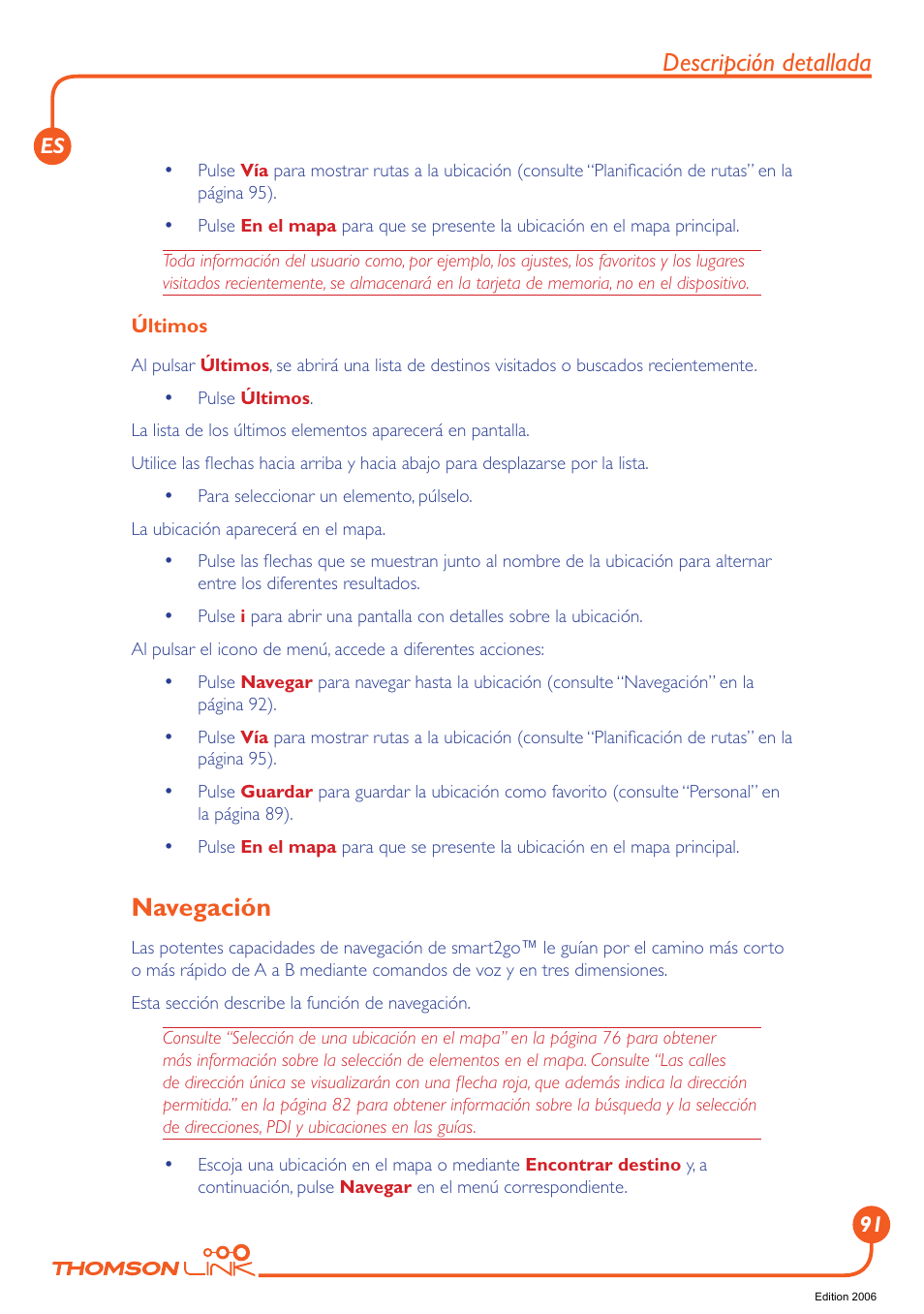 Navegación, Descripción detallada | Technicolor - Thomson Thomson Intuiva GPS280 User Manual | Page 92 / 109