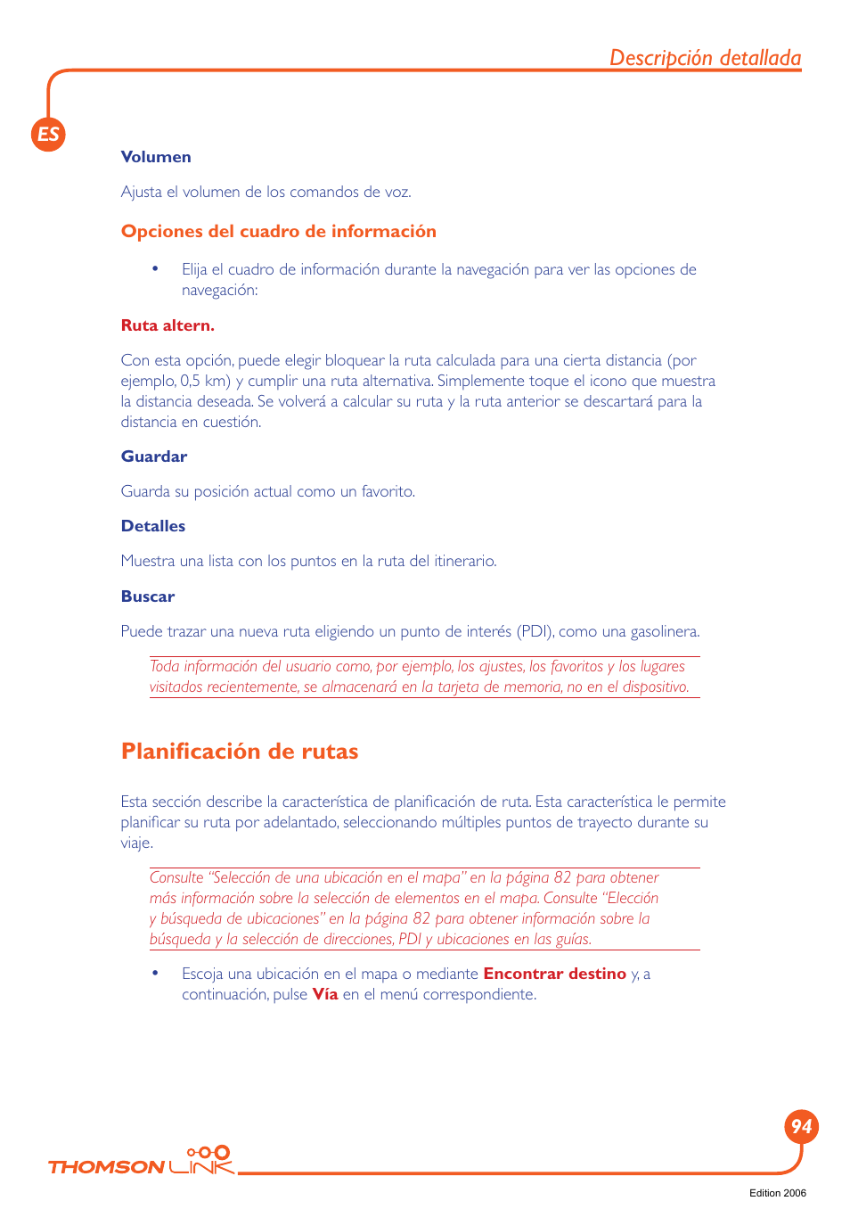 Planificación de rutas, Planiﬁcación de rutas, Descripción detallada | Technicolor - Thomson Thomson Intuiva GPS280 User Manual | Page 95 / 109