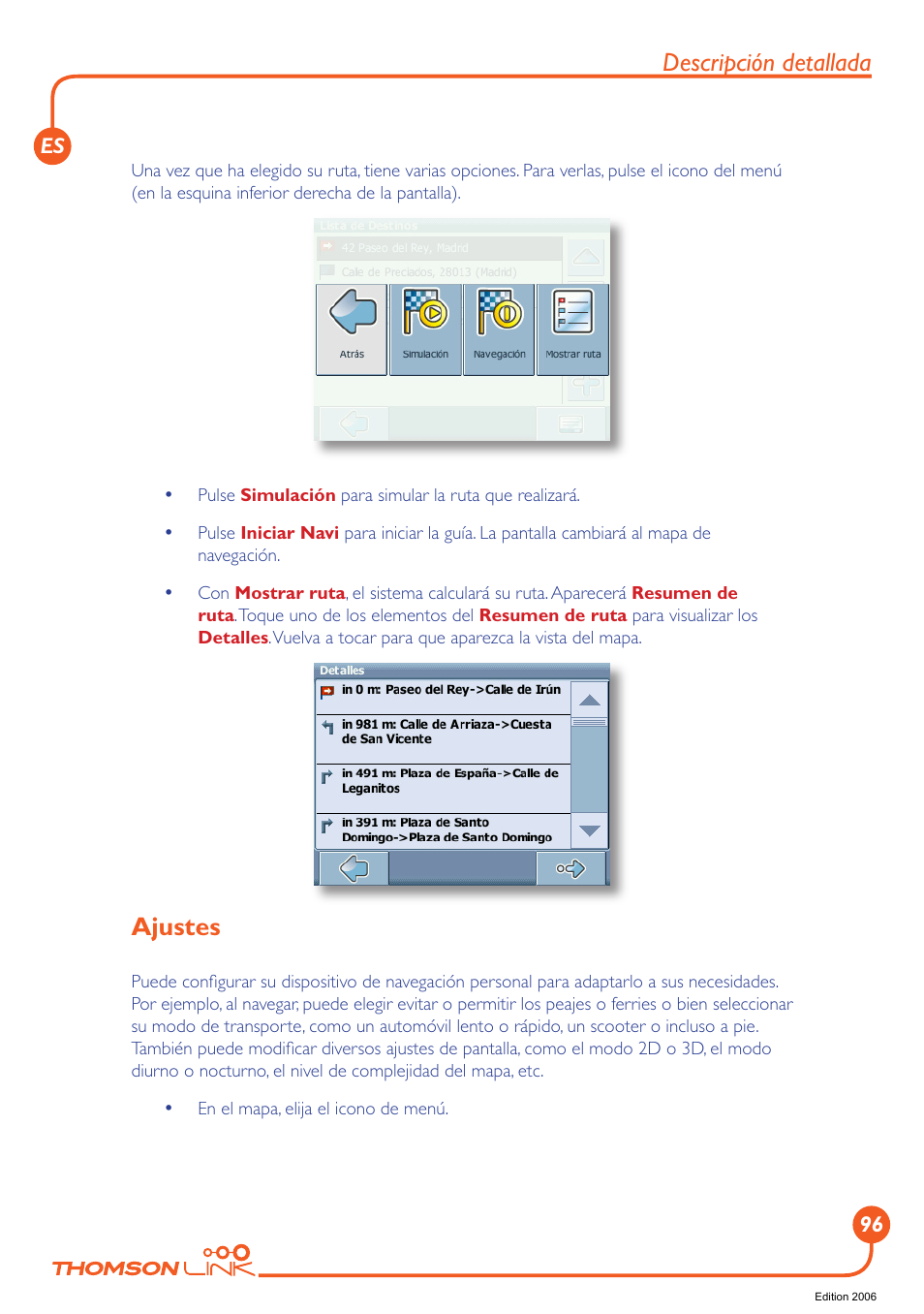 Ajustes, Descripción detallada | Technicolor - Thomson Thomson Intuiva GPS280 User Manual | Page 97 / 109