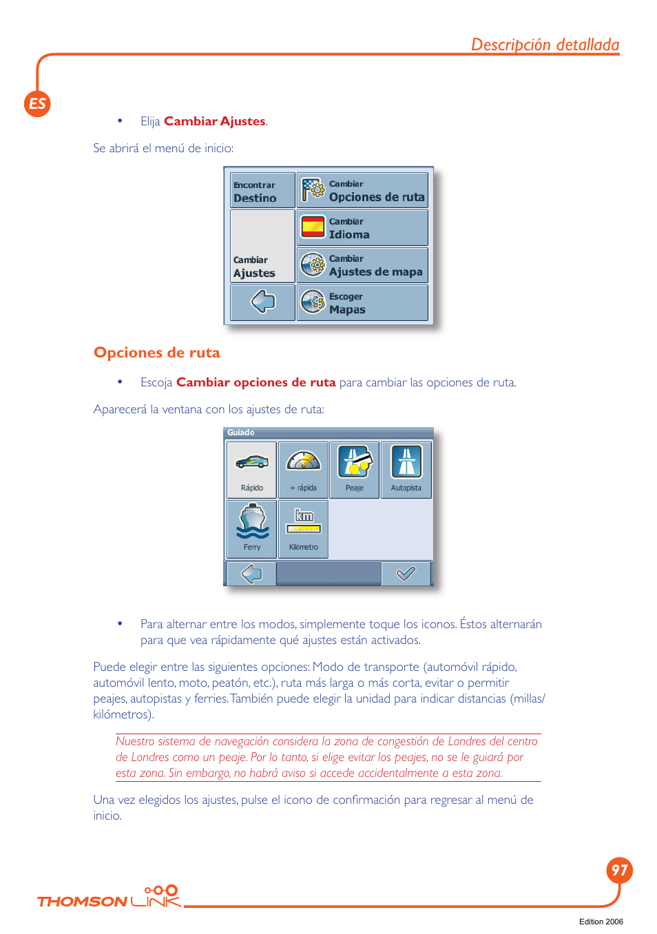 Opciones de ruta, Descripción detallada | Technicolor - Thomson Thomson Intuiva GPS280 User Manual | Page 98 / 109