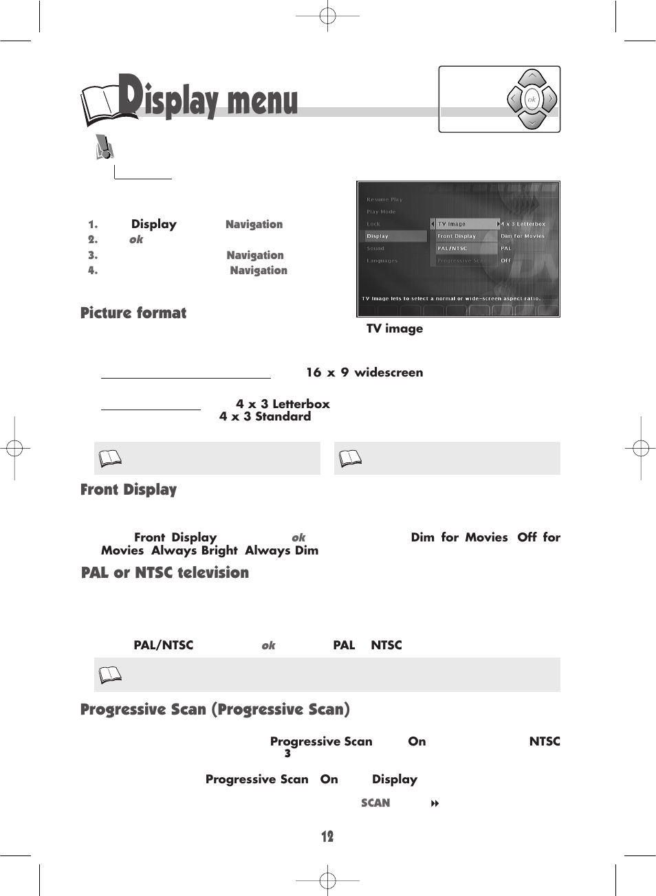 Isplay menu, Picture format front display, Progressive scan (progressive scan) | Pal or ntsc television | Technicolor - Thomson DTH700 User Manual | Page 12 / 30