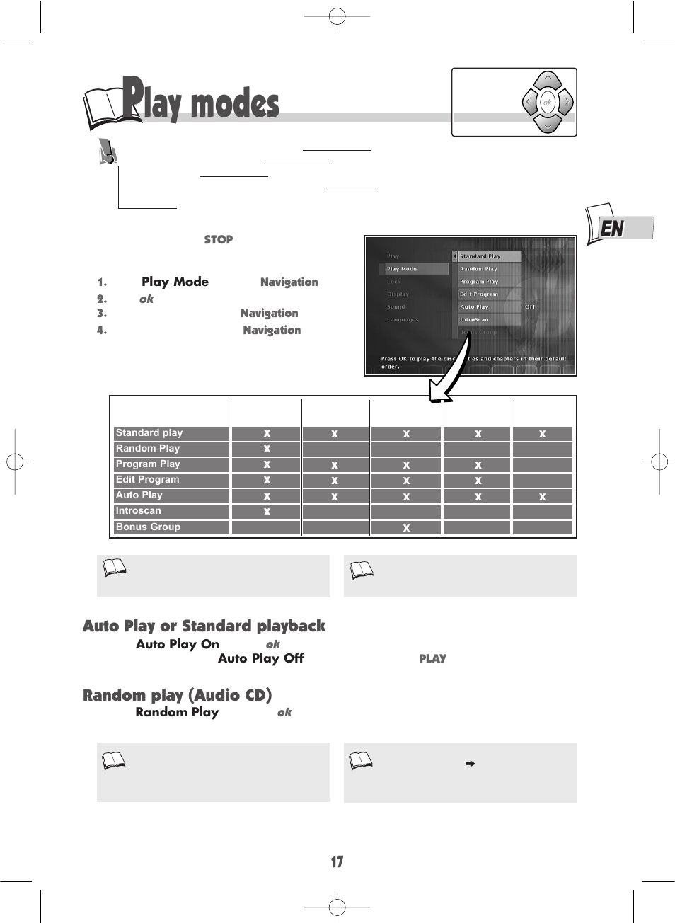 Lay modes, Auto play or standard playback, Random play (audio cd) | Technicolor - Thomson DTH700 User Manual | Page 17 / 30