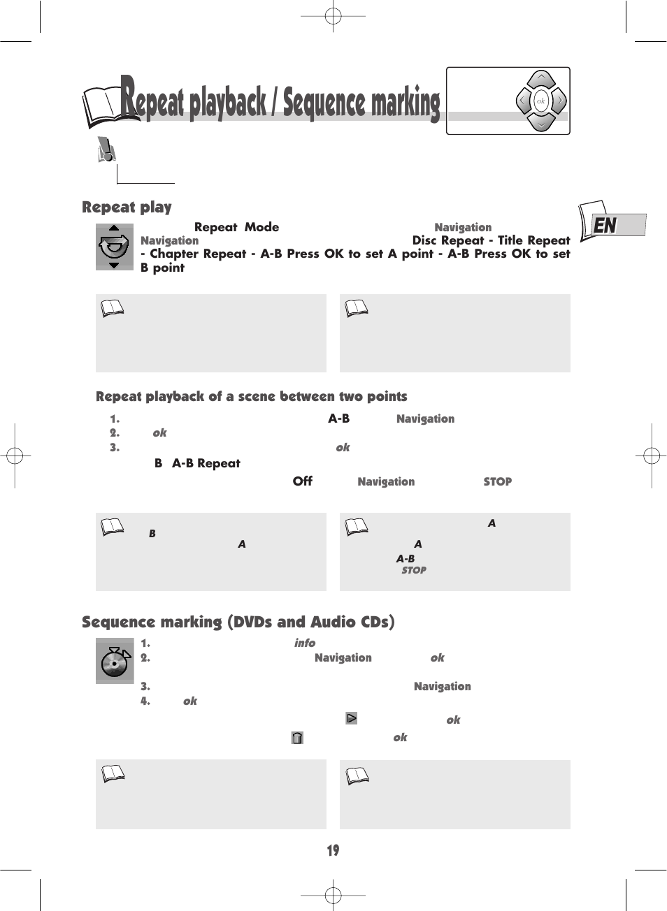 Epeat playback / sequence marking, 19 sequence marking (dvds and audio cds), Repeat play | Technicolor - Thomson DTH700 User Manual | Page 19 / 30
