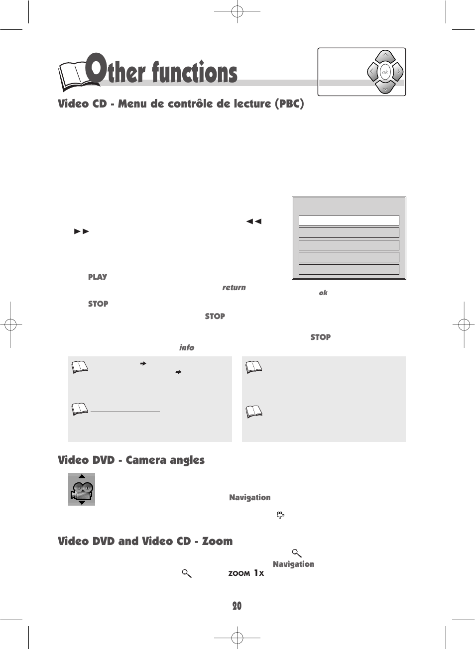 Ther functions, Video cd - menu de contrôle de lecture (pbc), Video dvd - camera angles | Video dvd and video cd - zoom | Technicolor - Thomson DTH700 User Manual | Page 20 / 30