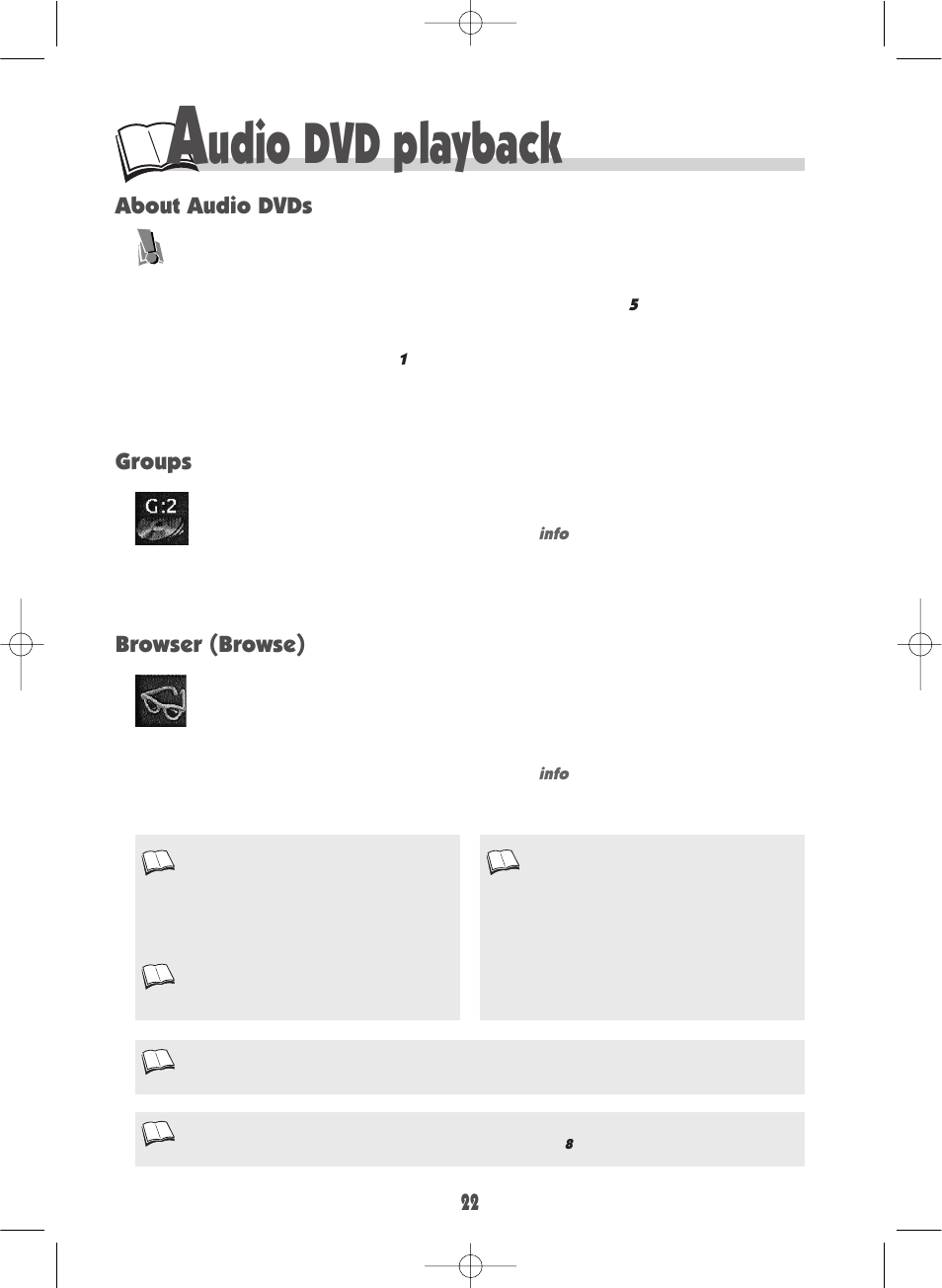 Udio dvd playback, About audio dvds, Groups | Browser (browse) | Technicolor - Thomson DTH700 User Manual | Page 22 / 30