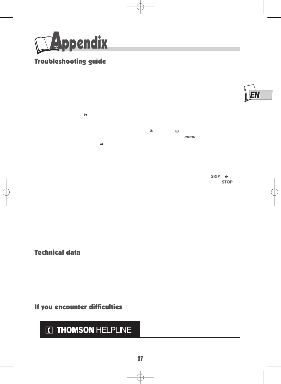 Ppendix, Troubleshooting guide, Technical data if you encounter difficulties | Technicolor - Thomson DTH700 User Manual | Page 27 / 30