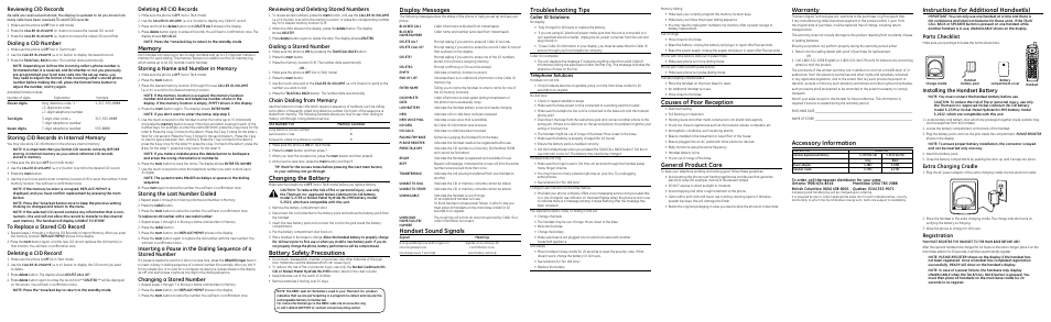 Troubleshooting tips, Warranty, Causes of poor reception | General product care, Changing the battery, Battery safety precautions, Display messages, Handset sound signals, Instructions for additional handset(s), Accessory information | Technicolor - Thomson 25922 User Manual | Page 2 / 2