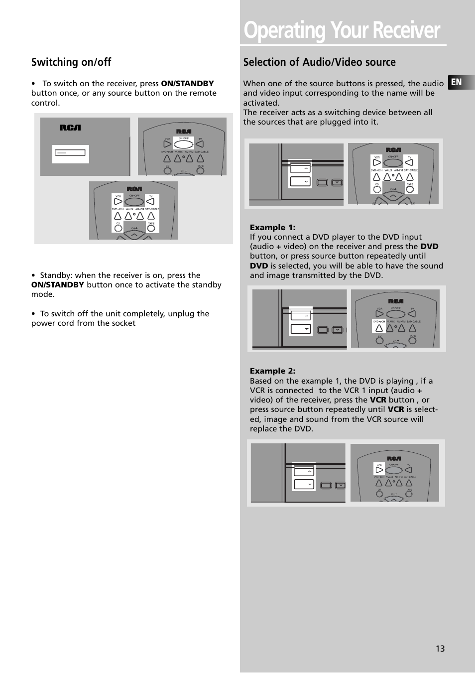 Operating your receiver, Switching on/off, Selection of audio/video source | Technicolor - Thomson RT2600 User Manual | Page 16 / 31