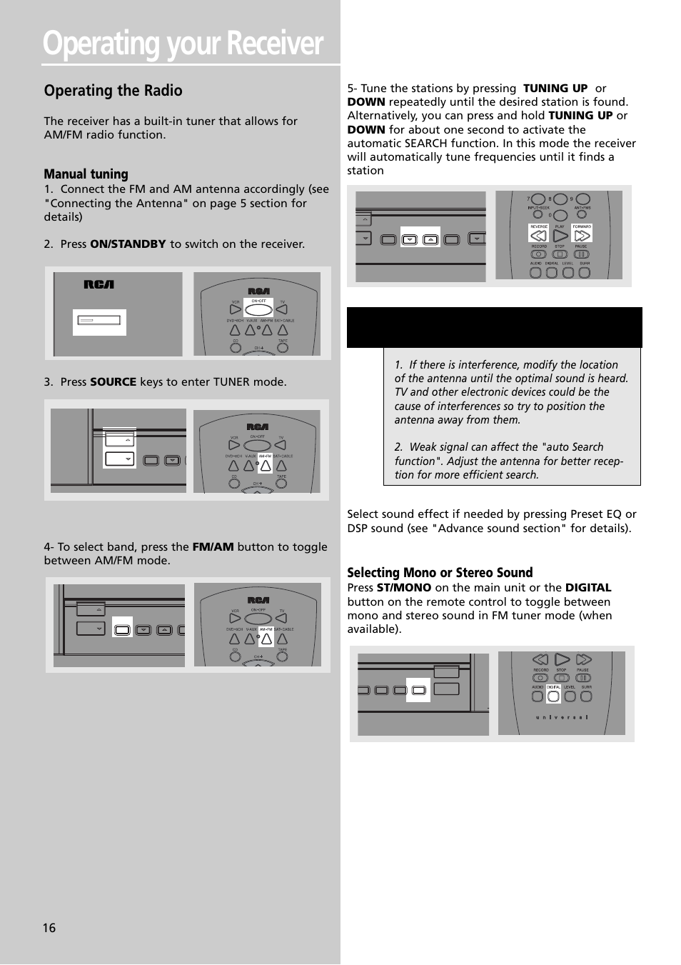 Operating your receiver, Operating the radio, Manual tuning | Selecting mono or stereo sound | Technicolor - Thomson RT2600 User Manual | Page 19 / 31