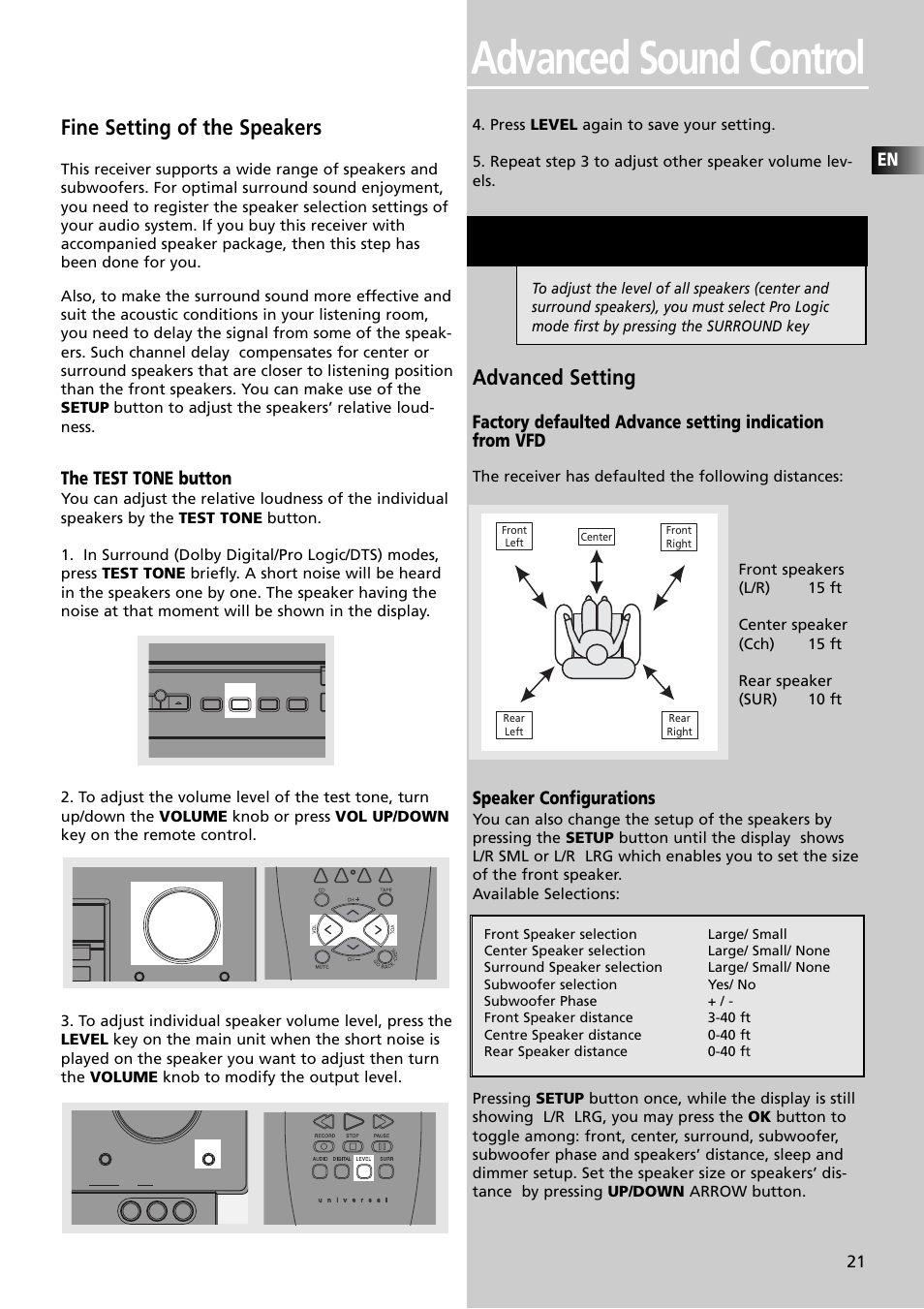 Advanced sound control, Fine setting of the speakers, Advanced setting | The test tone button, Speaker configurations | Technicolor - Thomson RT2600 User Manual | Page 24 / 31