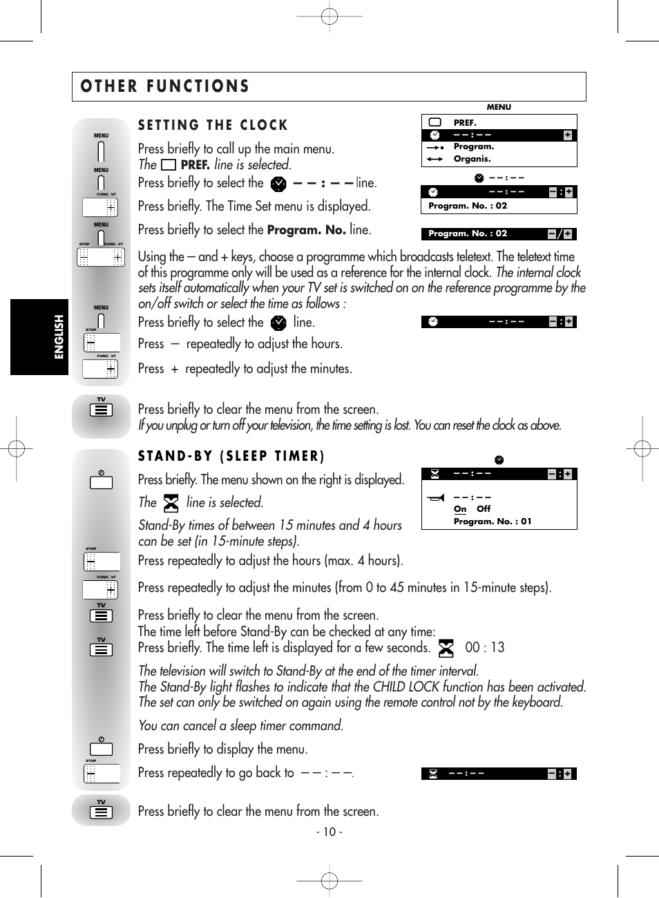 Other functions, Setting the clock, Stand -by (sleep timer) | Line is selected, Press briefly to clear the menu from the screen, Press briefly to call up the main menu, Press briefly to select the | Technicolor - Thomson 14MS76CT User Manual | Page 10 / 18