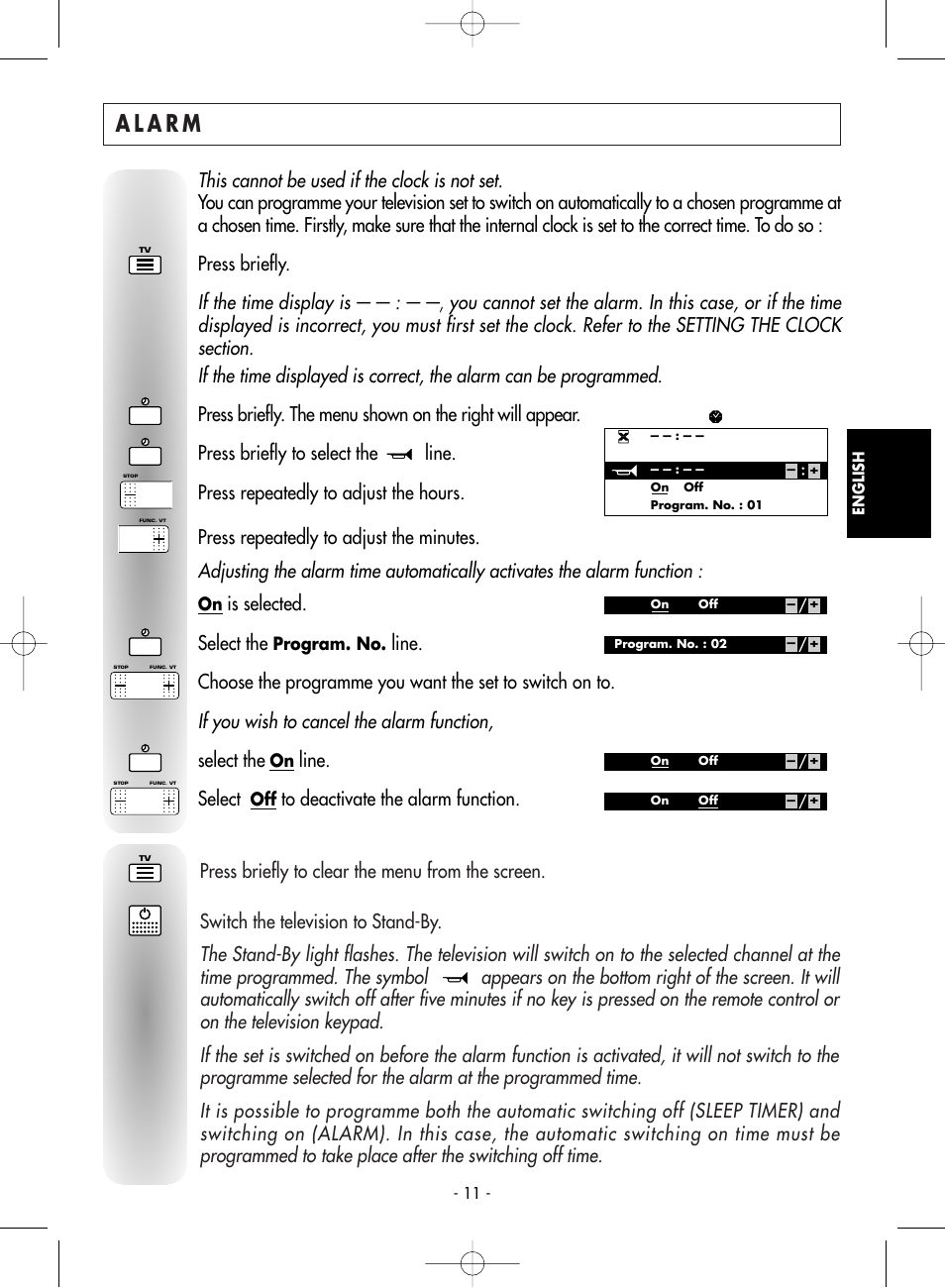 Alarm, This cannot be used if the clock is not set, If the time display is | If you wish to cancel the alarm function, Is selected. select the, Select the, Line. select | Technicolor - Thomson 14MS76CT User Manual | Page 11 / 18