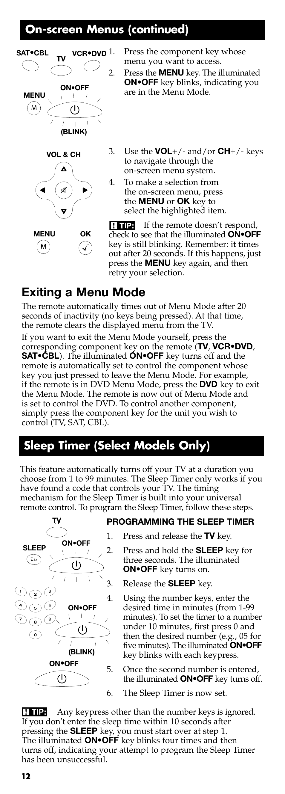 Exiting a menu mode, On-screen menus (continued), Sleep timer (select models only) | Technicolor - Thomson RCR311B User Manual | Page 12 / 48