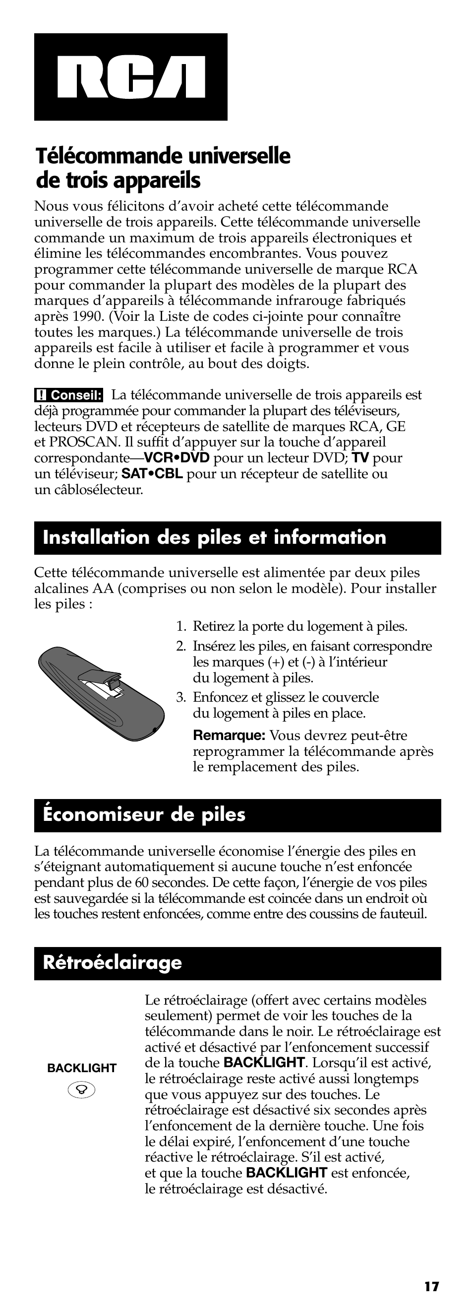 Télécommande universelle de trois appareils, Installation des piles et information, Économiseur de piles | Rétroéclairage | Technicolor - Thomson RCR311B User Manual | Page 17 / 48