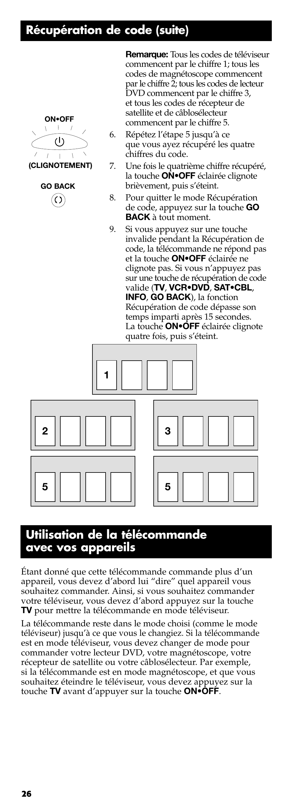 Récupération de code (suite), Utilisation de la télécommande avec vos appareils | Technicolor - Thomson RCR311B User Manual | Page 26 / 48