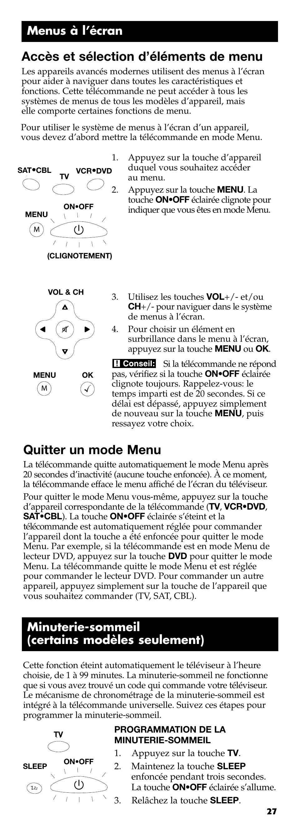 Accès et sélection d’éléments de menu, Quitter un mode menu, Menus à l’écran | Minuterie-sommeil (certains modèles seulement) | Technicolor - Thomson RCR311B User Manual | Page 27 / 48