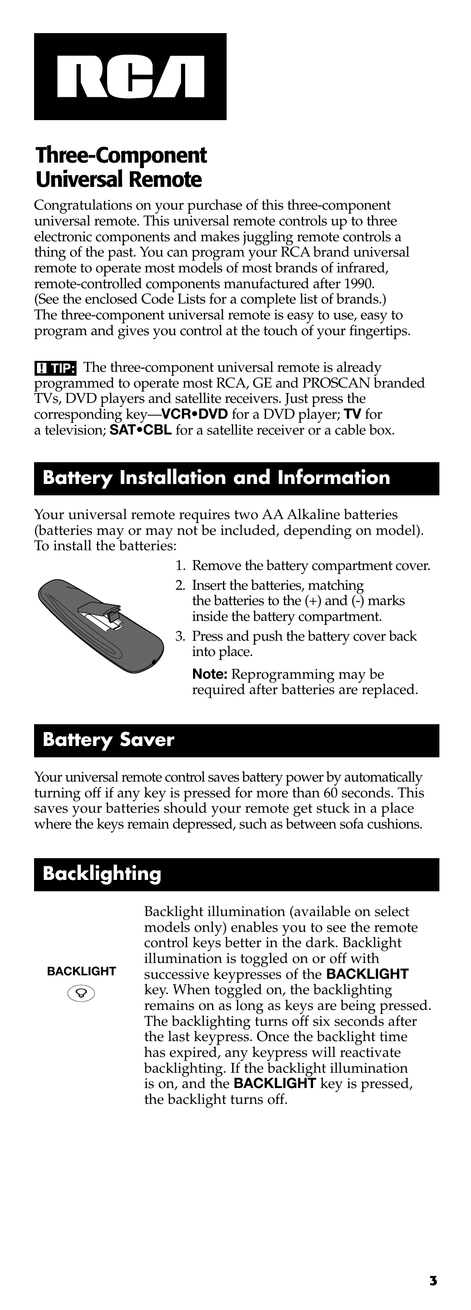 Three-component universal remote, Battery installation and information, Battery saver | Backlighting | Technicolor - Thomson RCR311B User Manual | Page 3 / 48