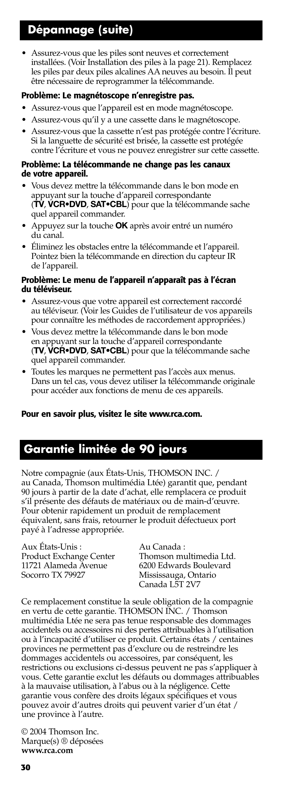 Dépannage (suite), Garantie limitée de 90 jours | Technicolor - Thomson RCR311B User Manual | Page 30 / 48