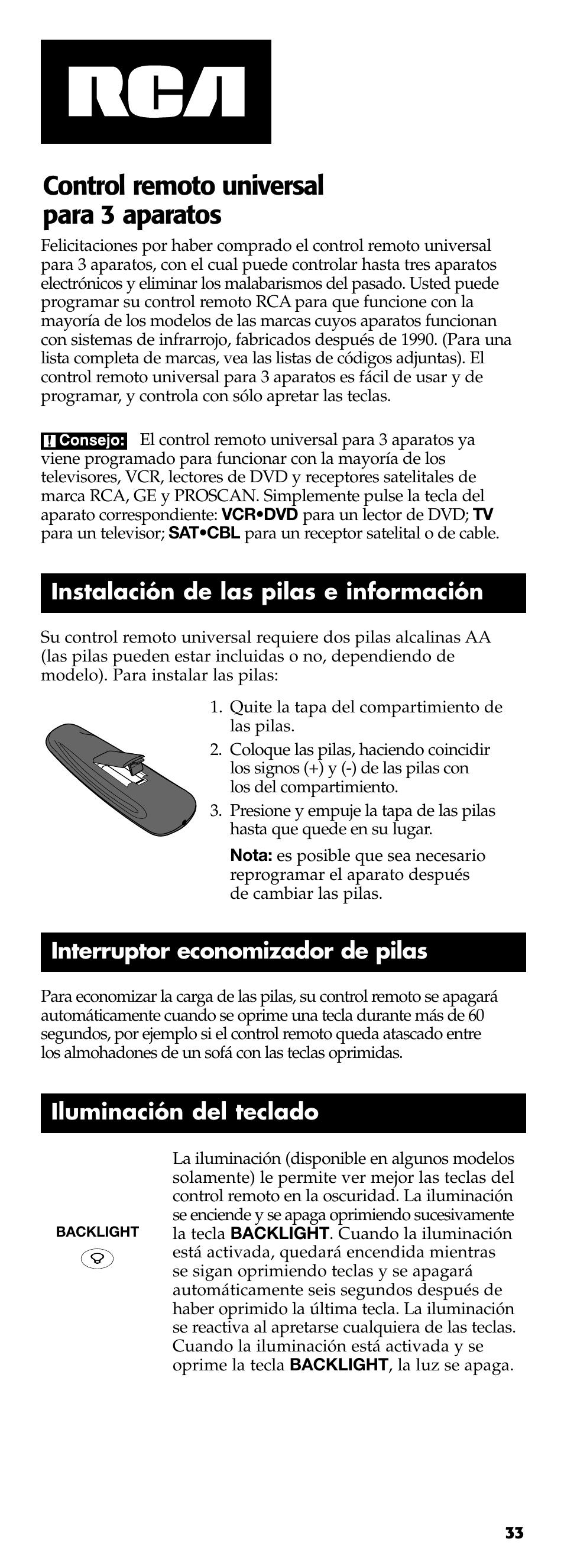 Control remoto universal para 3 aparatos, Instalación de las pilas e información, Interruptor economizador de pilas | Iluminación del teclado | Technicolor - Thomson RCR311B User Manual | Page 33 / 48