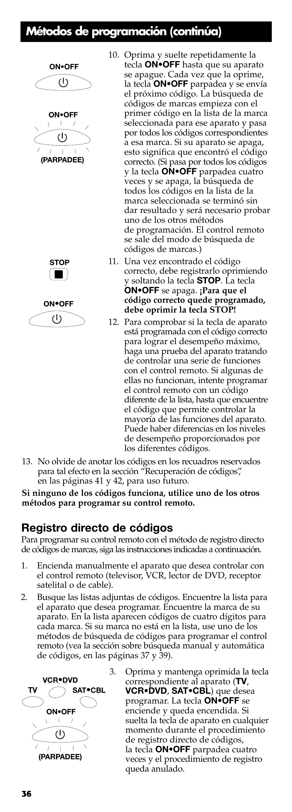 Registro directo de códigos, Métodos de programación (continúa) | Technicolor - Thomson RCR311B User Manual | Page 36 / 48