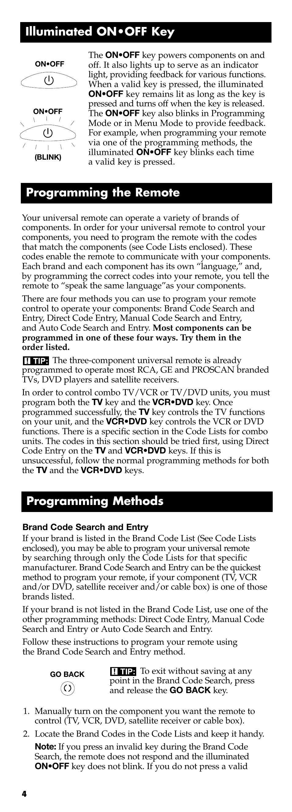 Illuminated on•off key, Programming the remote, Programming methods | Technicolor - Thomson RCR311B User Manual | Page 4 / 48