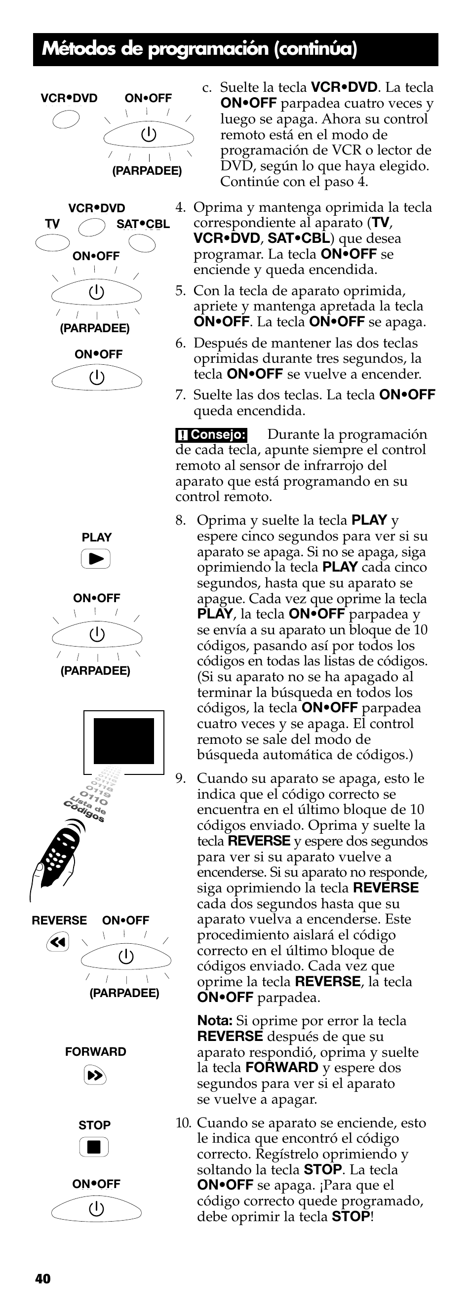 Métodos de programación (continúa) | Technicolor - Thomson RCR311B User Manual | Page 40 / 48