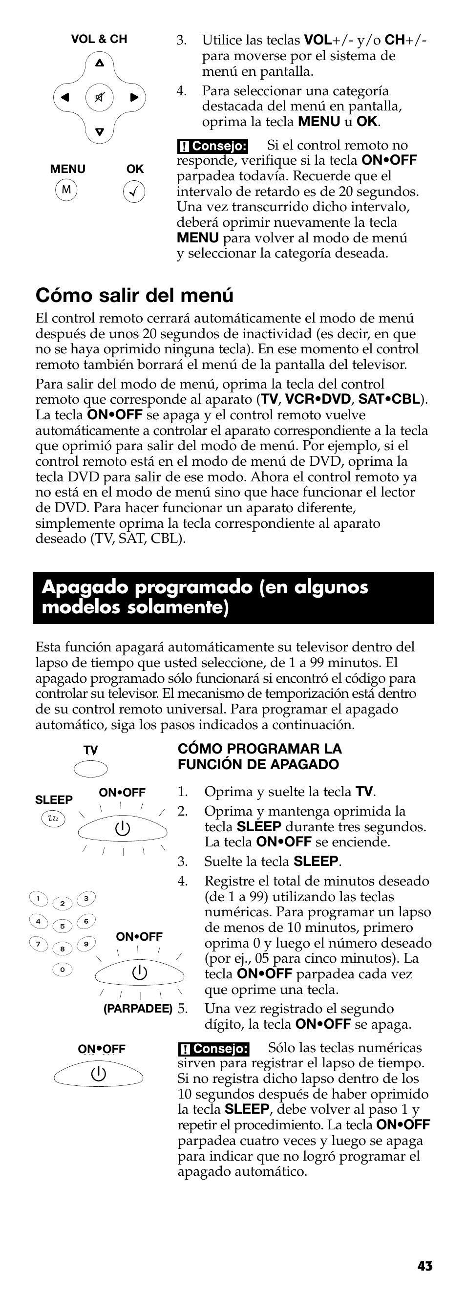 Cómo salir del menú, Apagado programado (en algunos modelos solamente) | Technicolor - Thomson RCR311B User Manual | Page 43 / 48