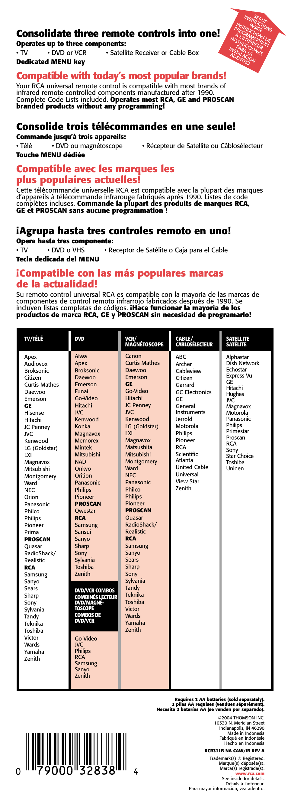 Consolidate three remote controls into one, Compatible with today’s most popular brands, Consolide trois télécommandes en une seule | Agrupa hasta tres controles remoto en uno | Technicolor - Thomson RCR311B User Manual | Page 48 / 48