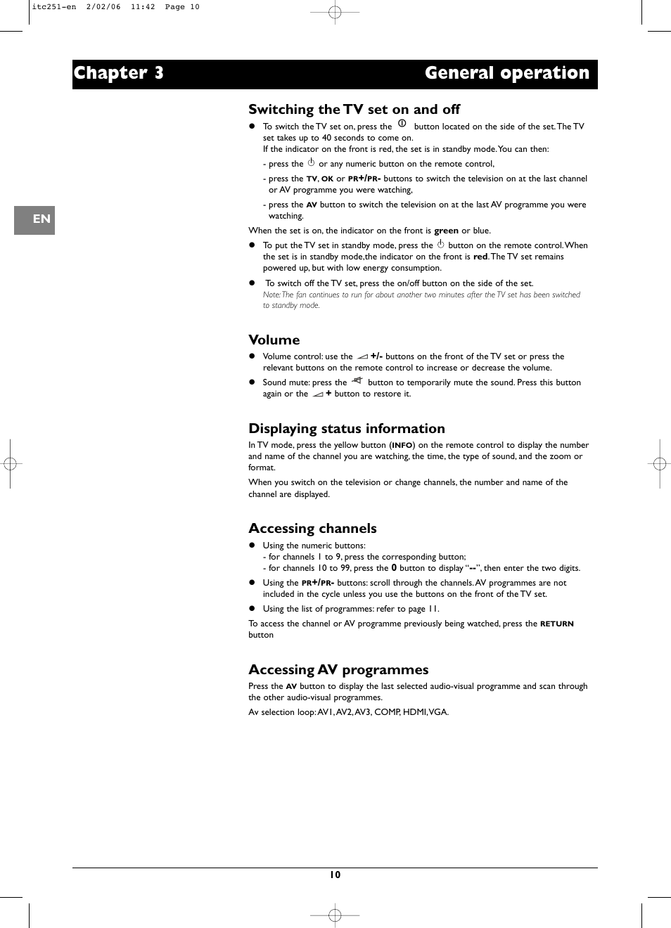 Chapter 3 general operation, Switching the tv set on and off, Volume | Displaying status information, Accessing channels, Accessing av programmes | Technicolor - Thomson ITC251 User Manual | Page 10 / 21
