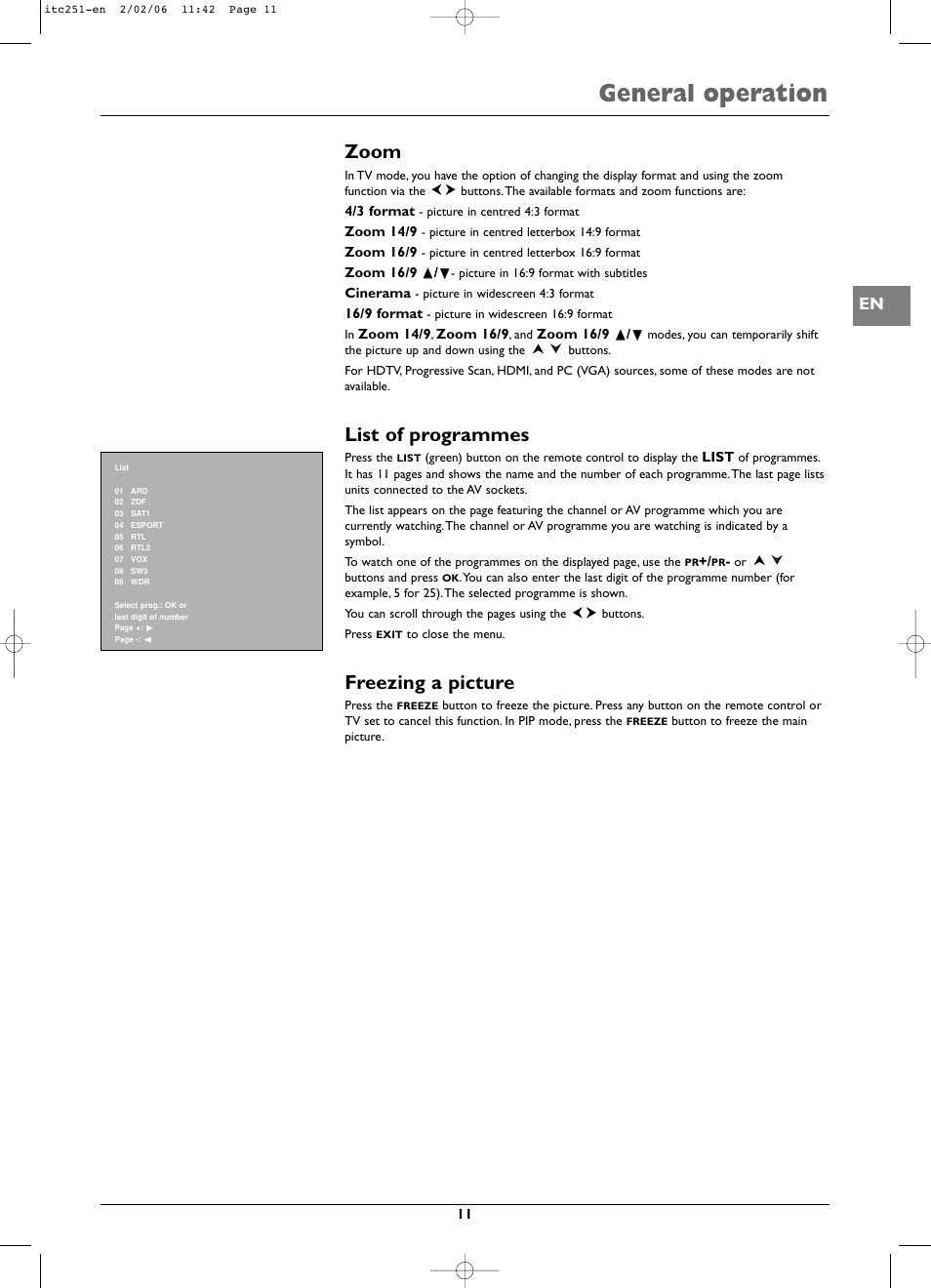 General operation, Zoom, List of programmes | Freezing a picture | Technicolor - Thomson ITC251 User Manual | Page 11 / 21