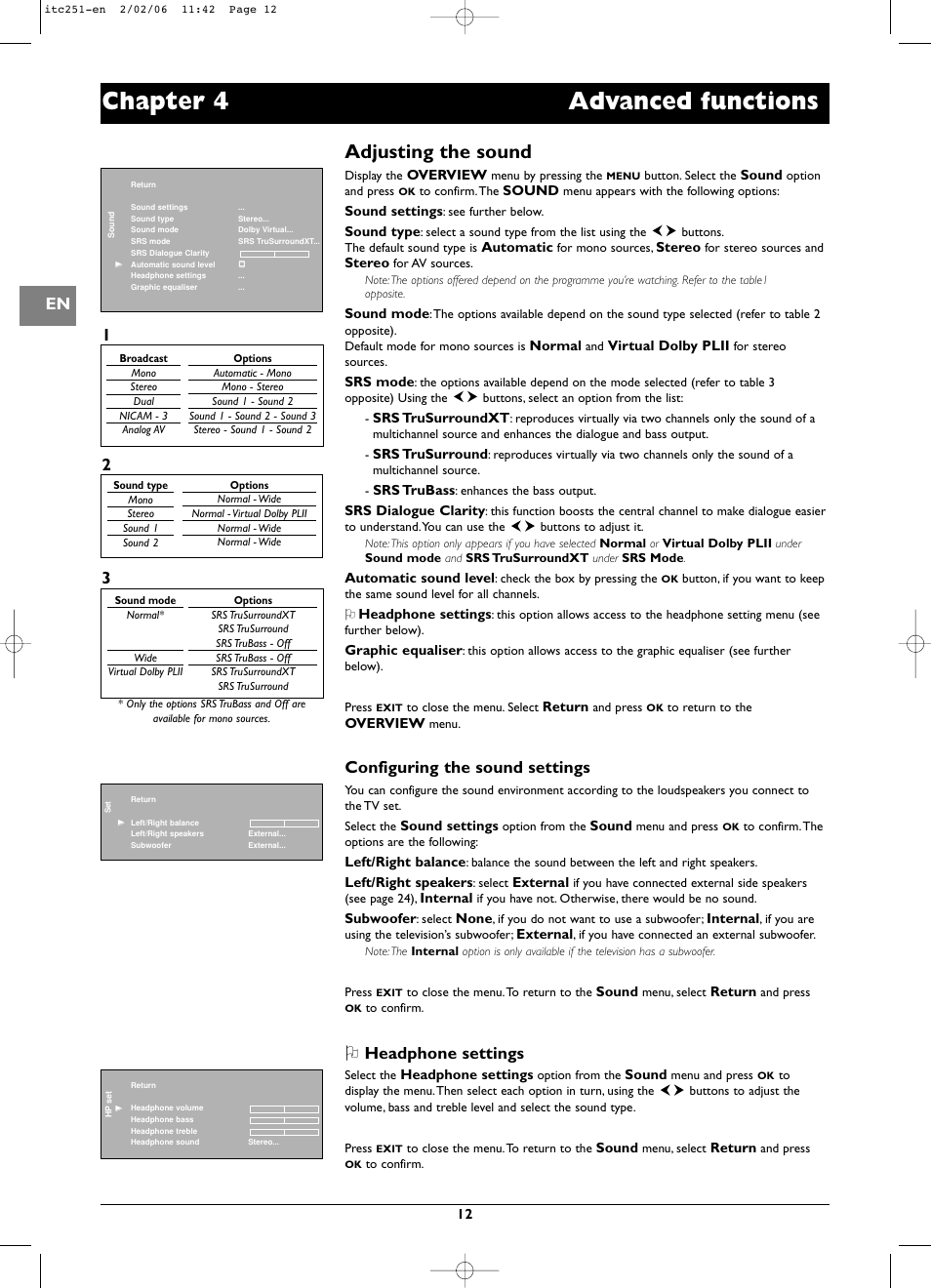 Chapter 4 advanced functions, Adjusting the sound, Configuring the sound settings | Headphone settings | Technicolor - Thomson ITC251 User Manual | Page 12 / 21