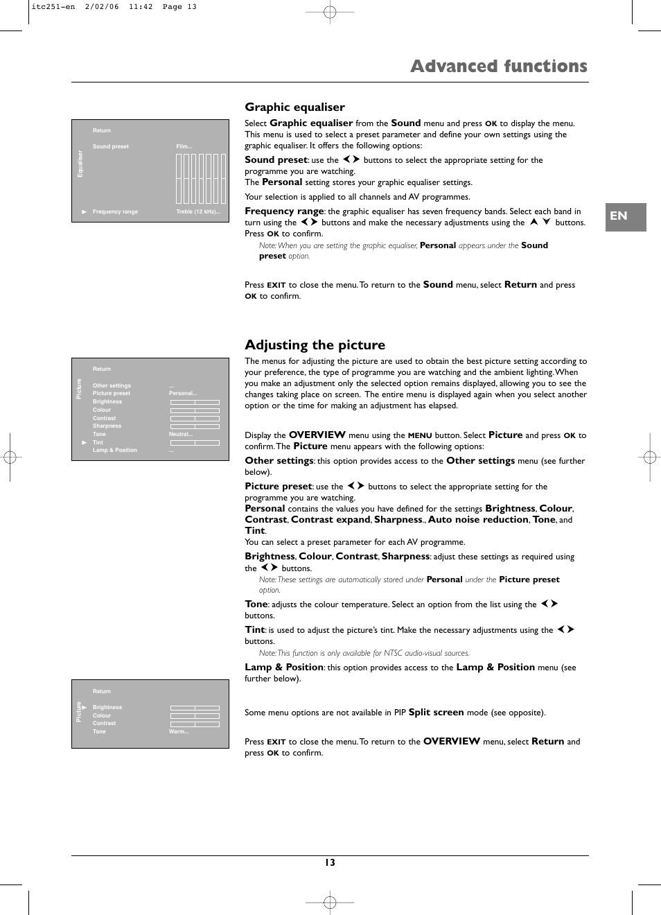 Advanced functions, Adjusting the picture, Graphic equaliser | Technicolor - Thomson ITC251 User Manual | Page 13 / 21