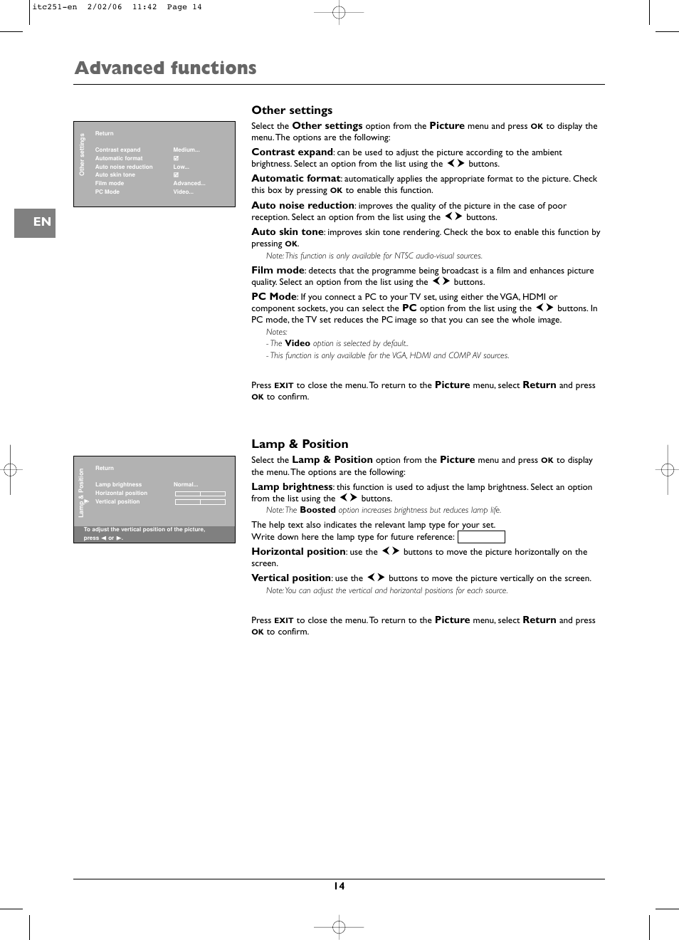 Advanced functions, Lamp & position, Other settings | Technicolor - Thomson ITC251 User Manual | Page 14 / 21