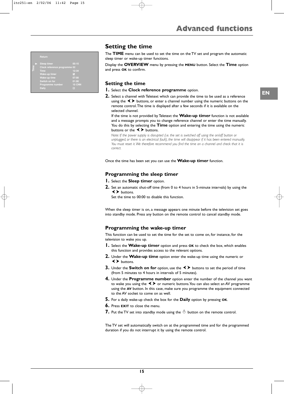 Advanced functions, Setting the time, Setting the time 1 | Programming the sleep timer 1, Programming the wake-up timer | Technicolor - Thomson ITC251 User Manual | Page 15 / 21