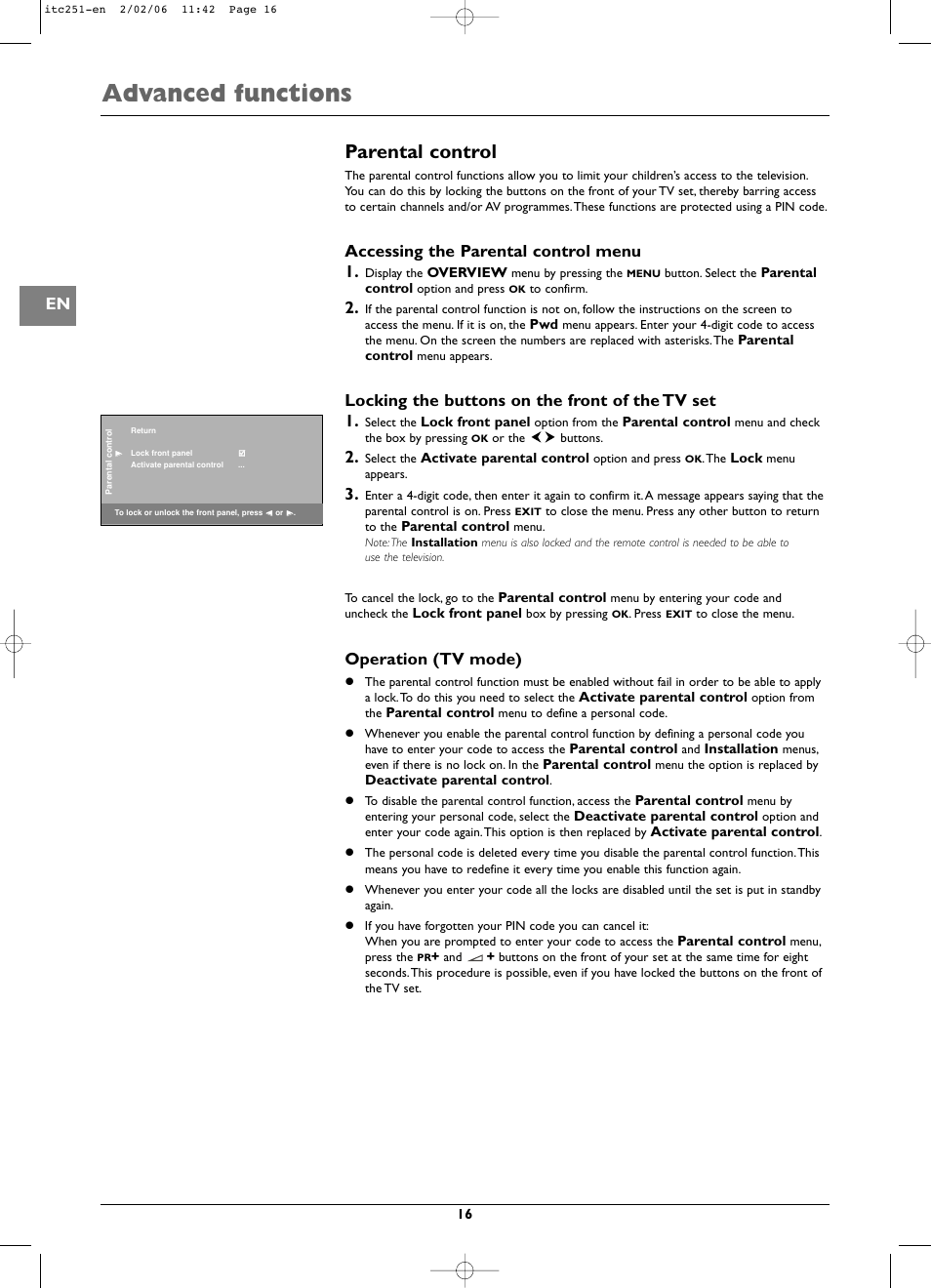 Advanced functions, Parental control, Accessing the parental control menu 1 | Locking the buttons on the front of the tv set 1, Operation (tv mode) | Technicolor - Thomson ITC251 User Manual | Page 16 / 21