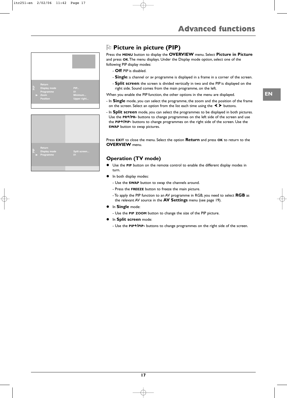 Advanced functions, Picture in picture (pip), Operation (tv mode) | Technicolor - Thomson ITC251 User Manual | Page 17 / 21