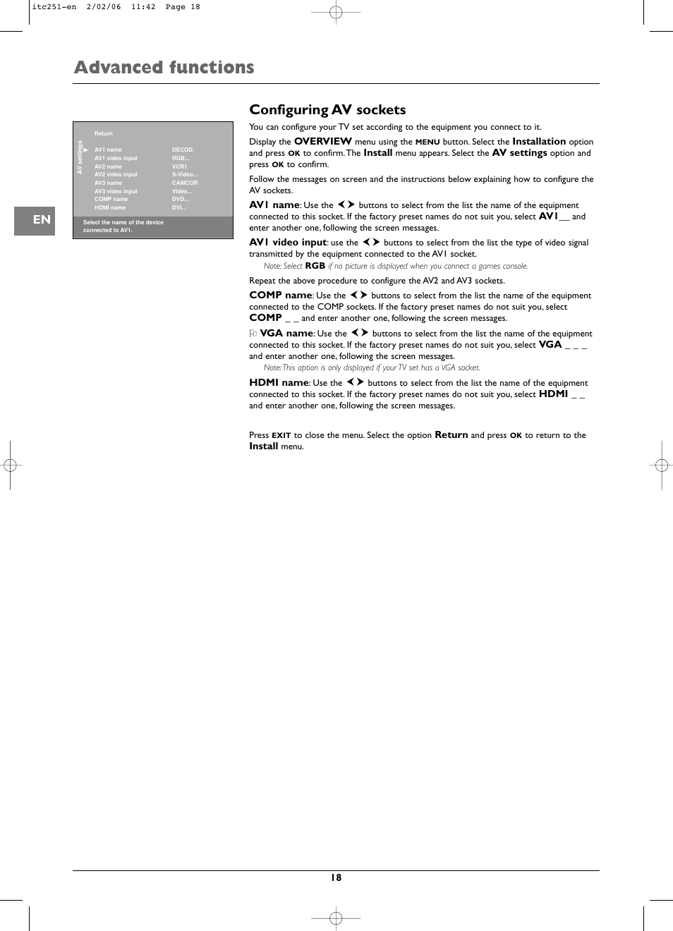 Advanced functions, Configuring av sockets | Technicolor - Thomson ITC251 User Manual | Page 18 / 21