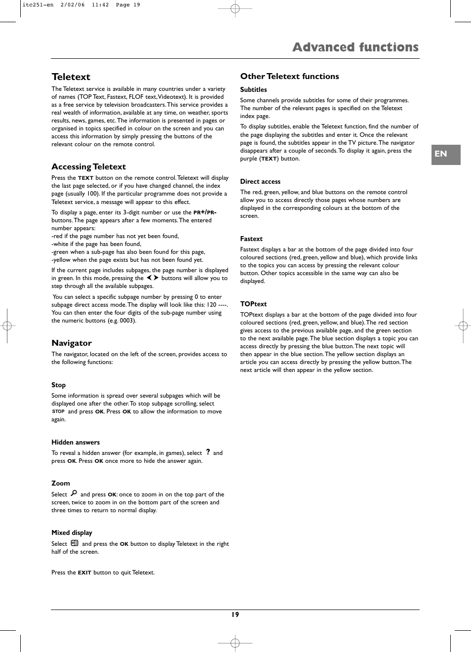 Advanced functions, Teletext, Accessing teletext | Navigator, Other teletext functions | Technicolor - Thomson ITC251 User Manual | Page 19 / 21