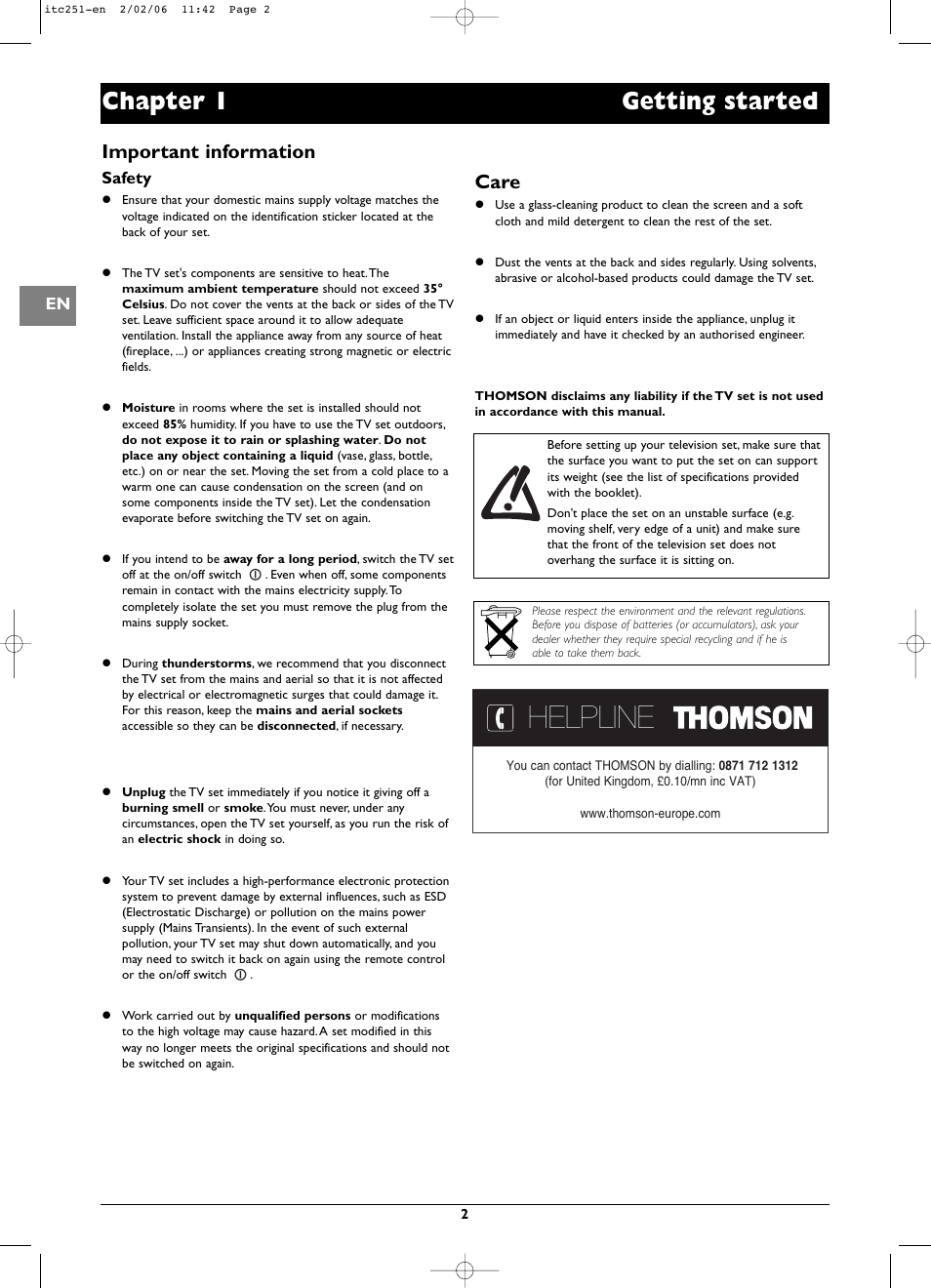 Helpline, Chapter 1 getting started, Important information | Care | Technicolor - Thomson ITC251 User Manual | Page 2 / 21