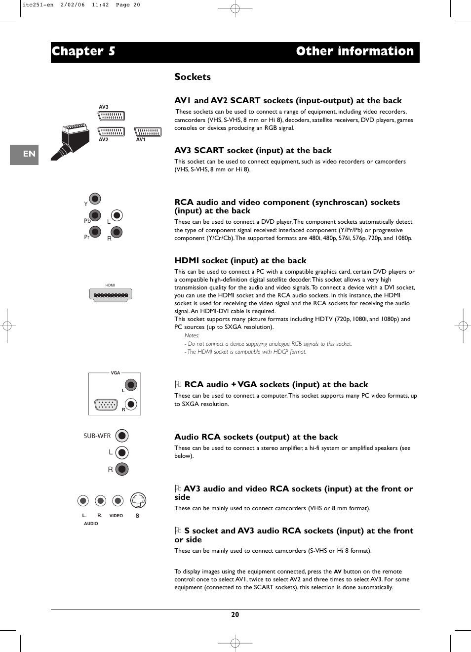 Chapter 5 other information, Sockets | Technicolor - Thomson ITC251 User Manual | Page 20 / 21