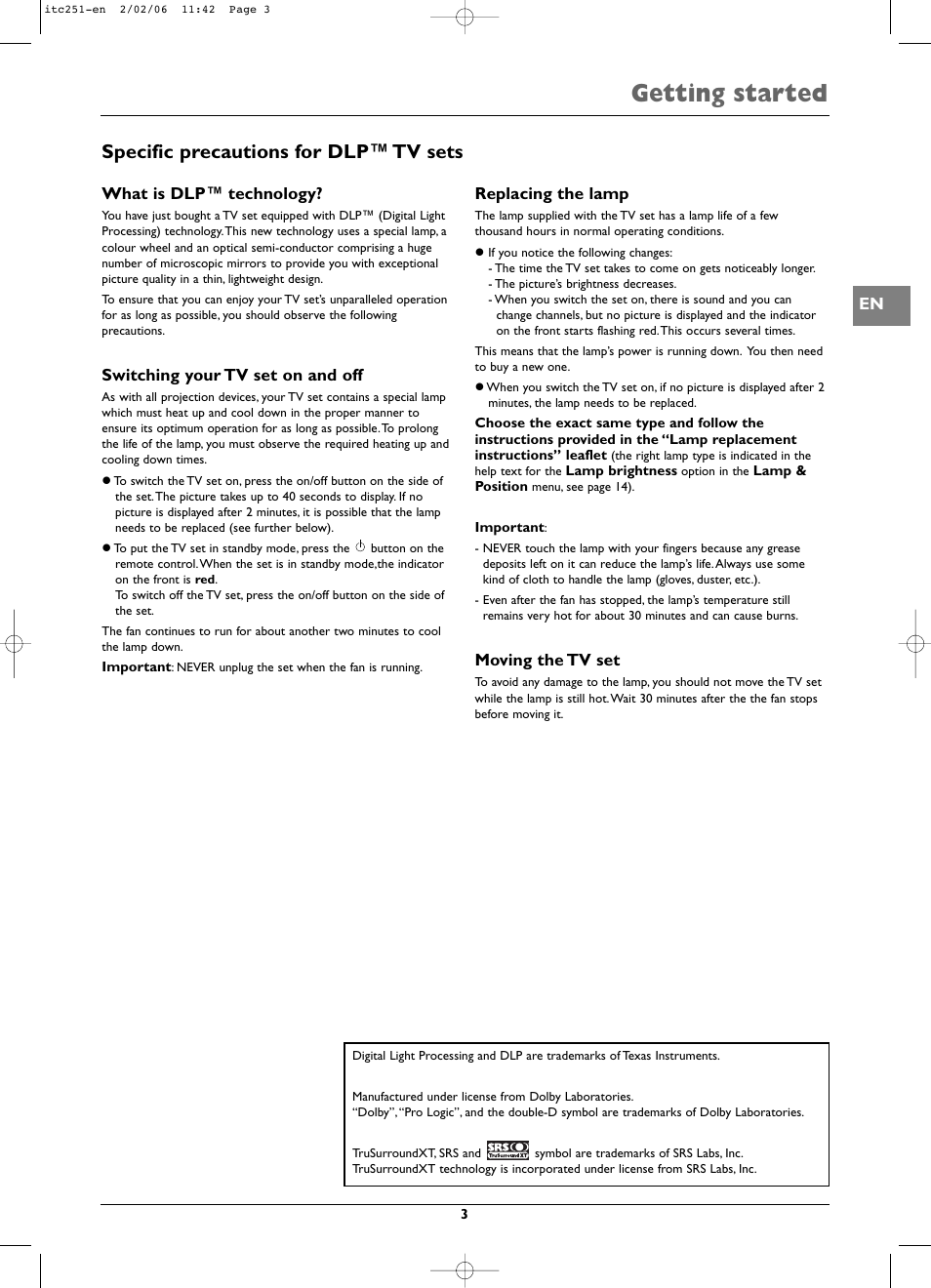 Getting started, Specific precautions for dlp™ tv sets | Technicolor - Thomson ITC251 User Manual | Page 3 / 21