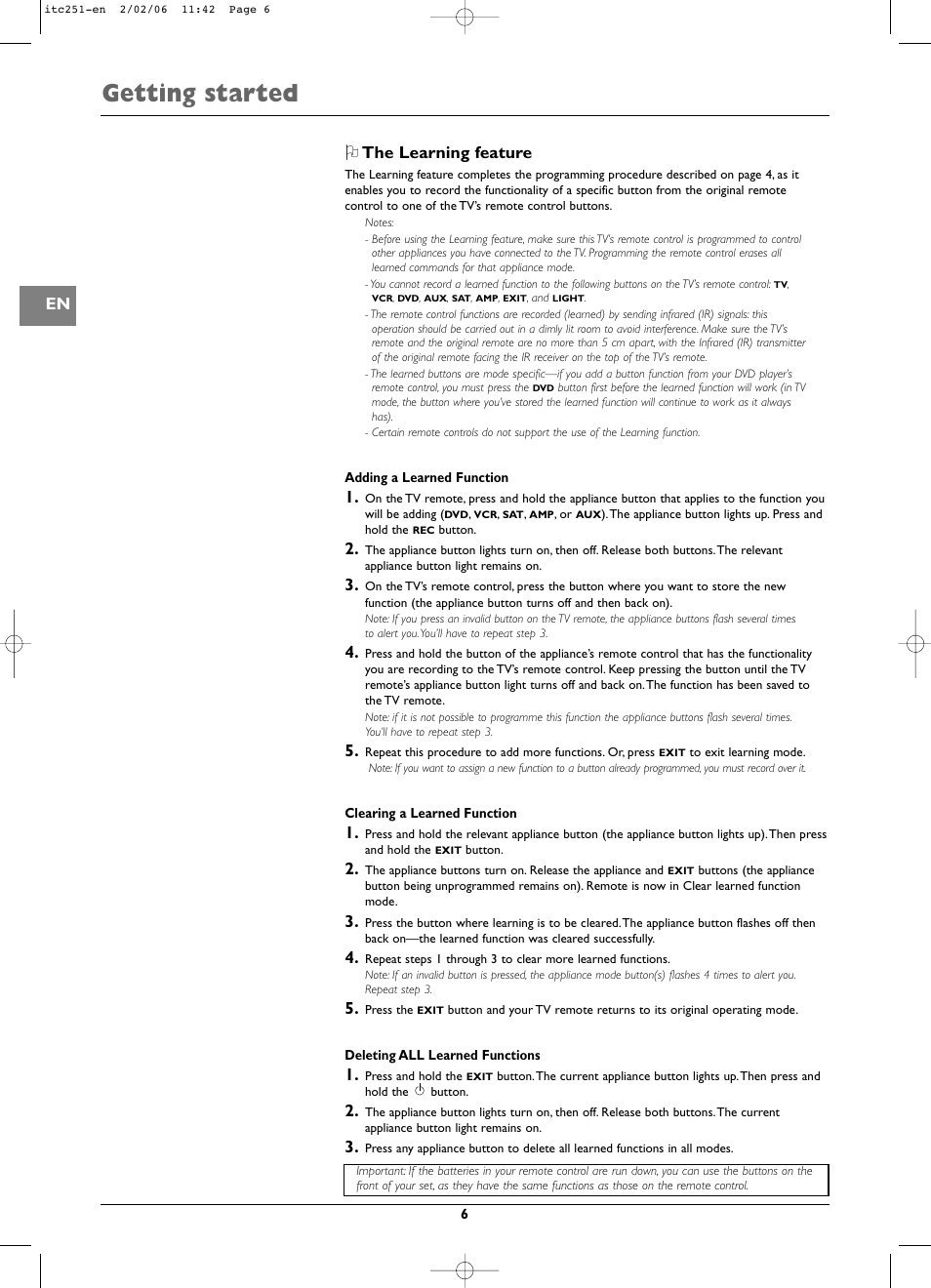 Getting started, The learning feature | Technicolor - Thomson ITC251 User Manual | Page 6 / 21