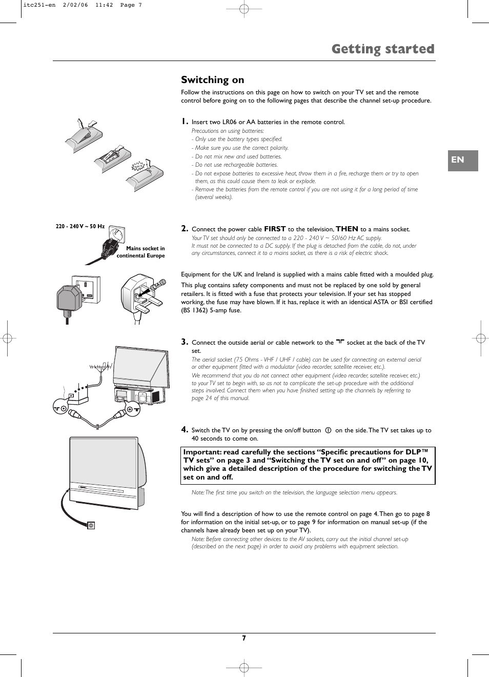 Getting started, Switching on | Technicolor - Thomson ITC251 User Manual | Page 7 / 21