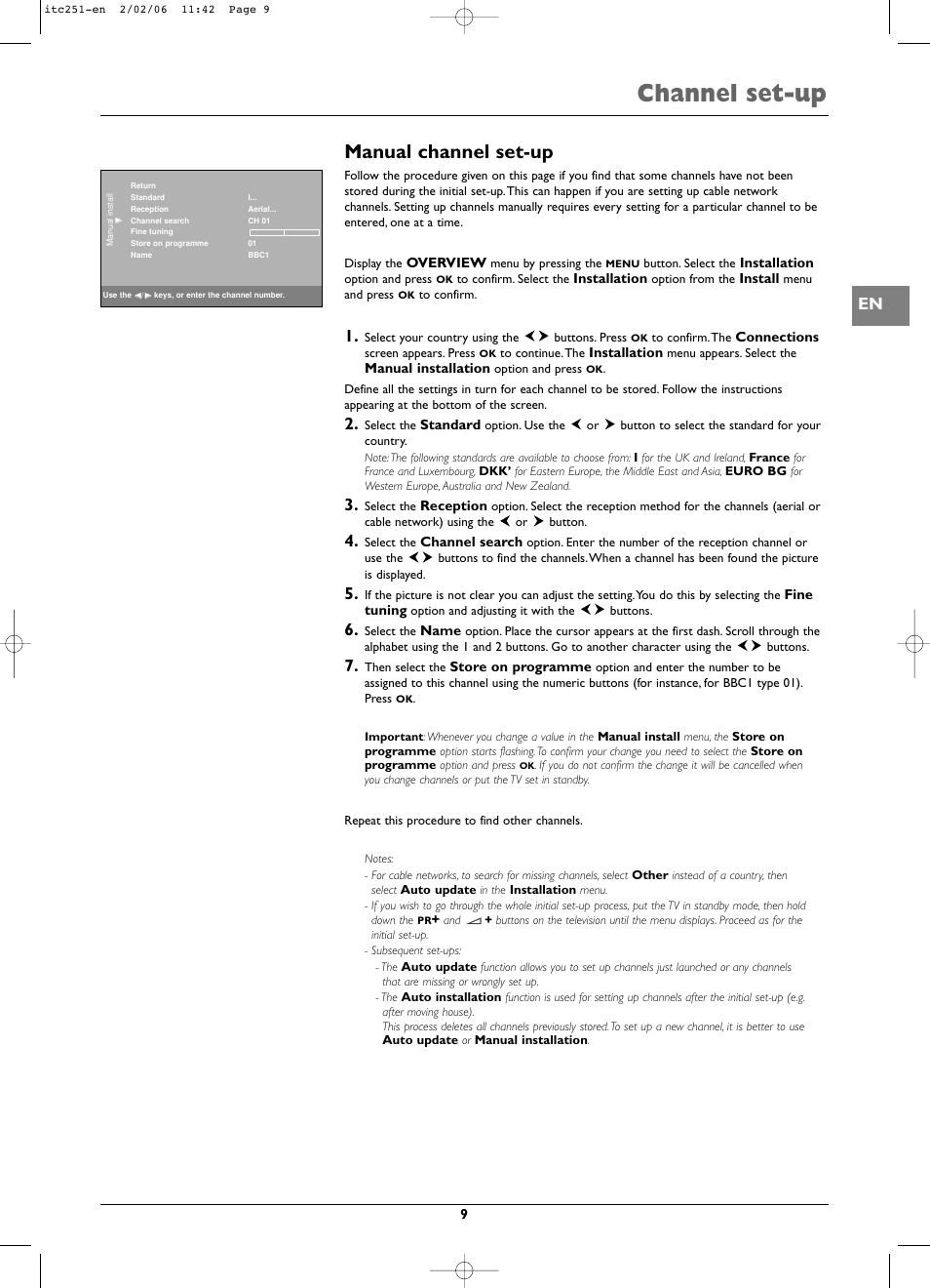 Channel set-up, Manual channel set-up | Technicolor - Thomson ITC251 User Manual | Page 9 / 21