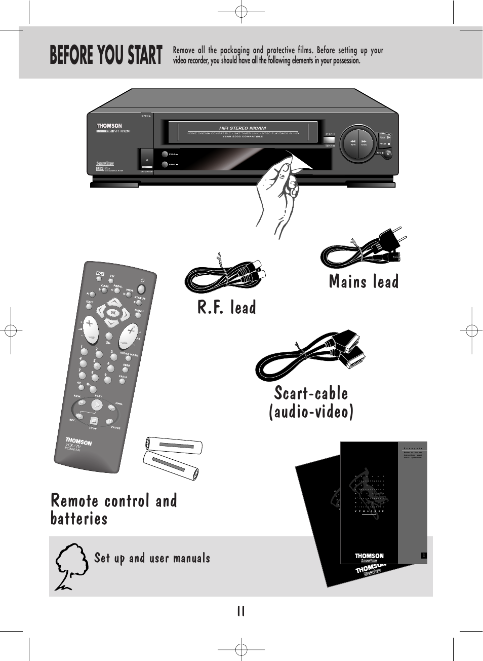 Before you start, R.f. lead mains lead remote control and batteries, Scart-cable (audio-video) | Ii set up and user manuals | Technicolor - Thomson ShowView VPH6920F User Manual | Page 2 / 34