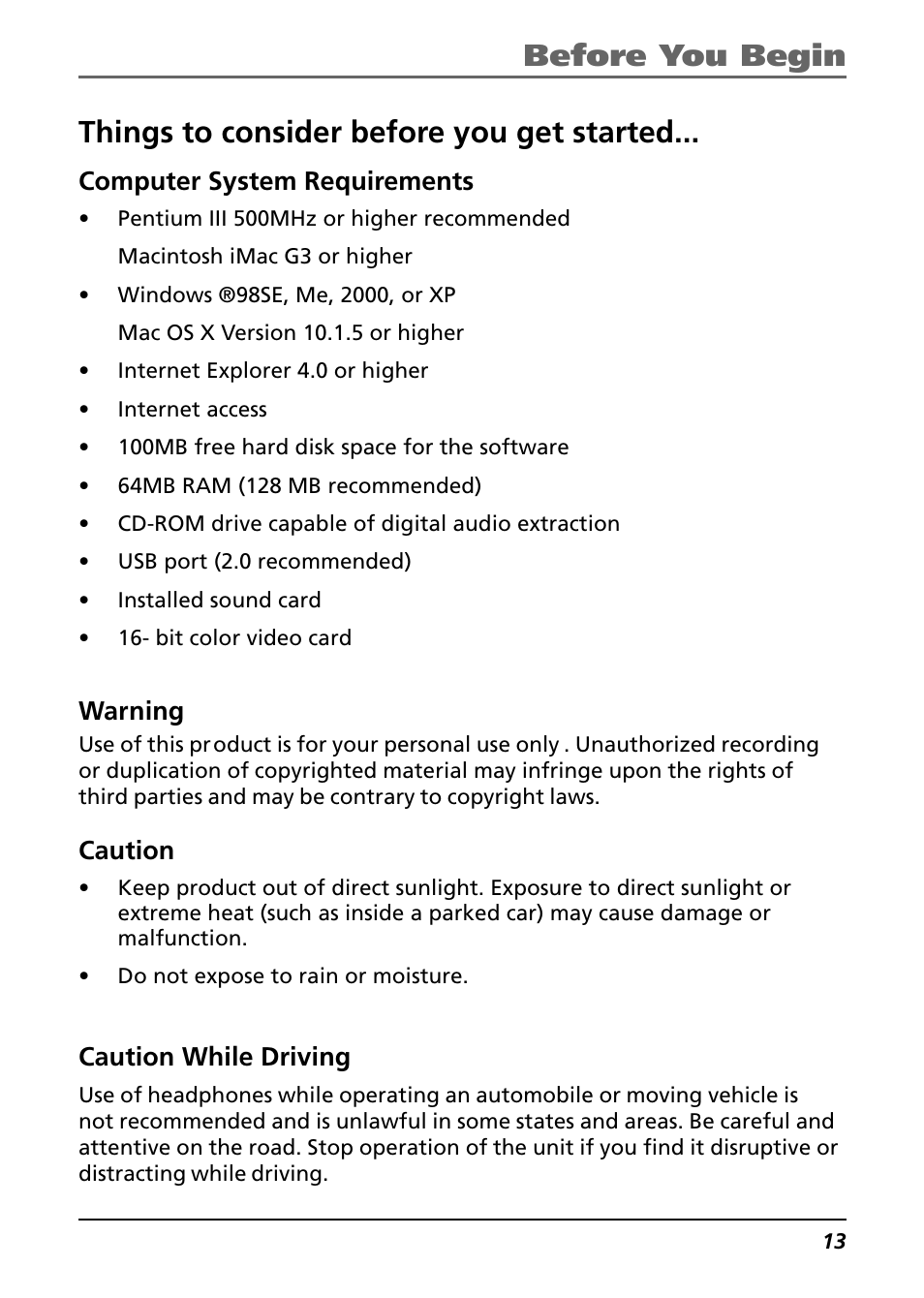 Things to consider before you get started, Computer system requirements, Warning | Caution, Caution while driving, Before you begin | Technicolor - Thomson Thomson Lyra PDP2842 User Manual | Page 13 / 75