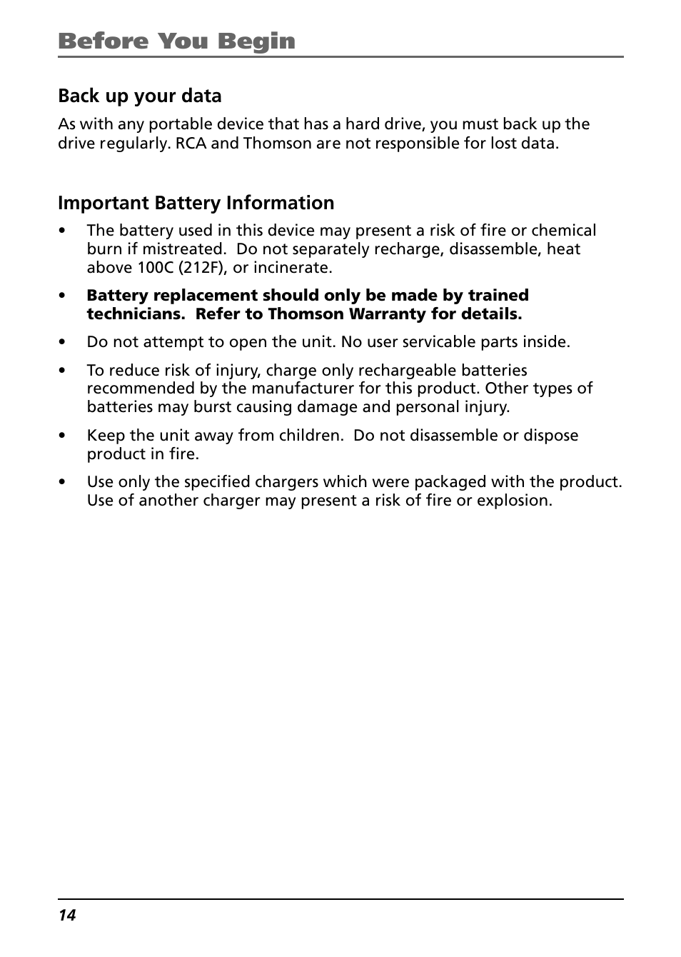 Back up your data, Important battery information, Before you begin | Technicolor - Thomson Thomson Lyra PDP2842 User Manual | Page 14 / 75