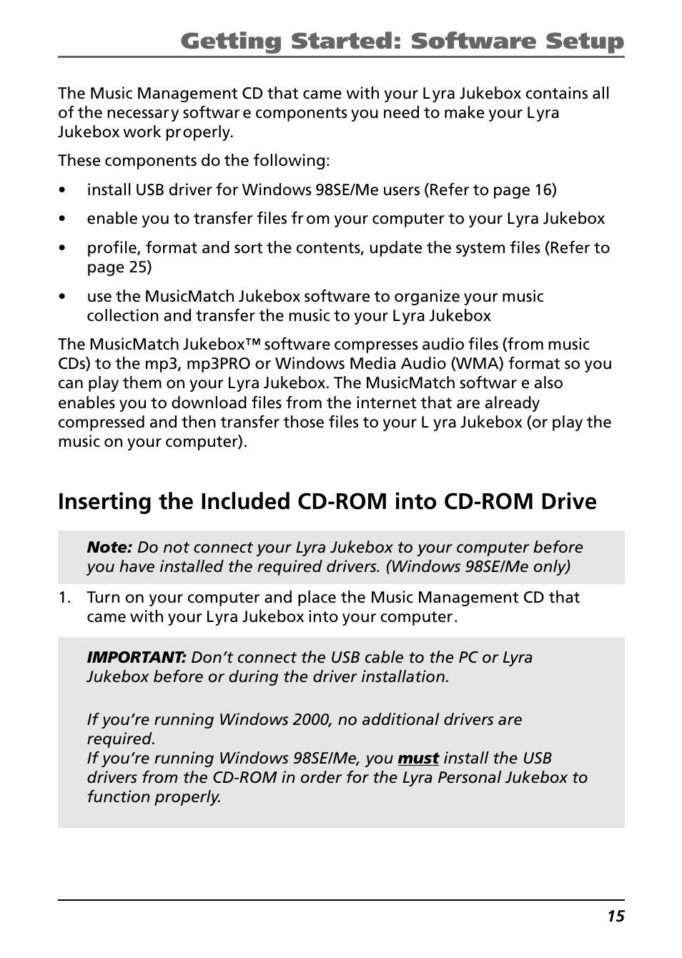 Inserting the included cd-rom into cd-rom drive, Getting started: software setup | Technicolor - Thomson Thomson Lyra PDP2842 User Manual | Page 15 / 75