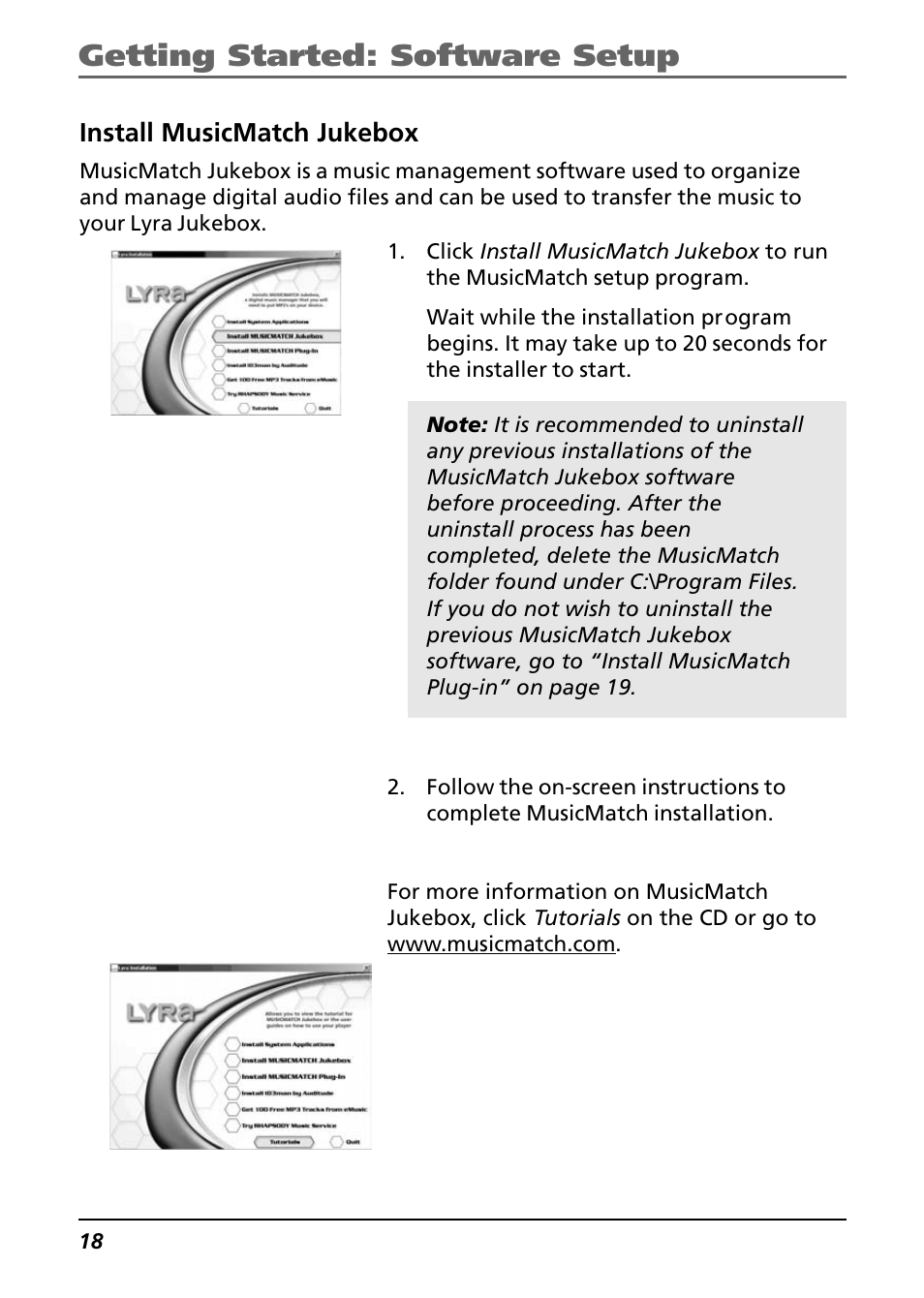 Install musicmatch jukebox, Getting started: software setup | Technicolor - Thomson Thomson Lyra PDP2842 User Manual | Page 18 / 75