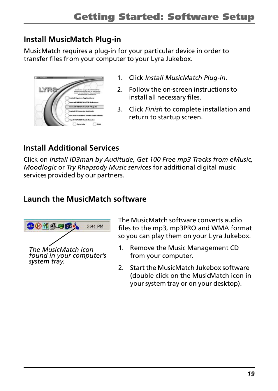 Install additional services, Launch the musicmatch software, Install musicmatch plug-in | Getting started: software setup | Technicolor - Thomson Thomson Lyra PDP2842 User Manual | Page 19 / 75